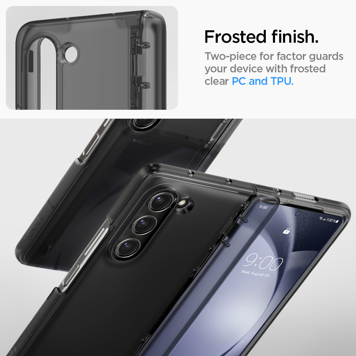 ACS06517 - Galaxy Z Fold 5 Case Thin Fit Pro in frost gray showing the frosted finish. Two-piece for factor guards your device with frosted clear PC and TPU