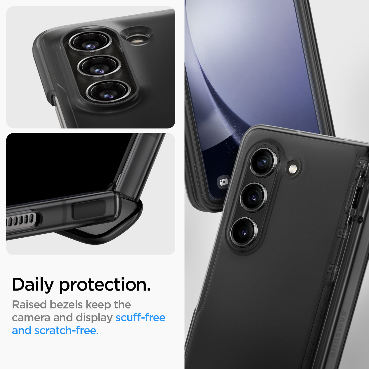 ACS06517 - Galaxy Z Fold 5 Case Thin Fit Pro in frost gray showing the daily protection. Raised bezel keep the camera and display scuff-free and scratch-free