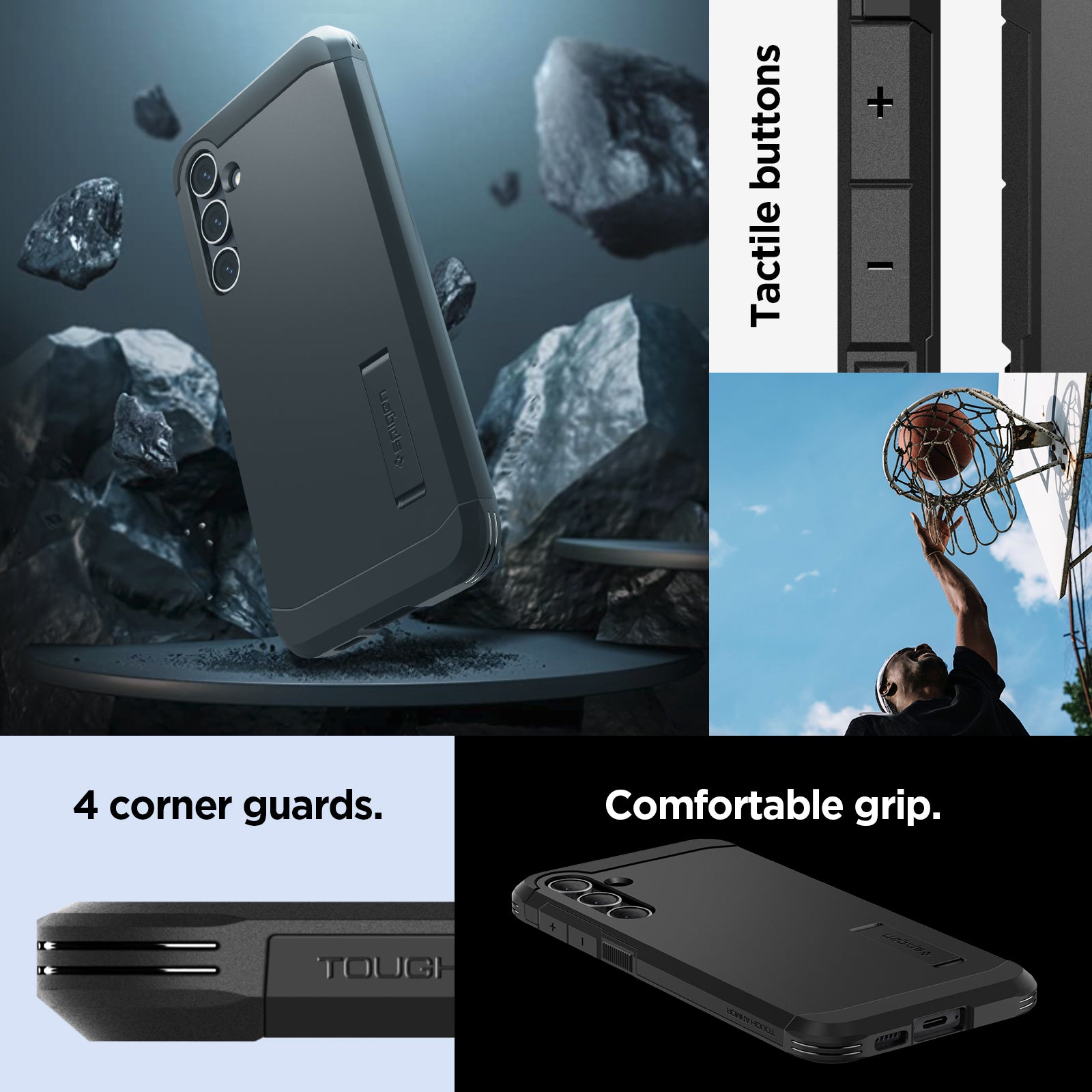 ACS06364 - Galaxy S23 FE Case Tough Armor in black 4 corner guards. Comfortable grip. Tactile buttons.