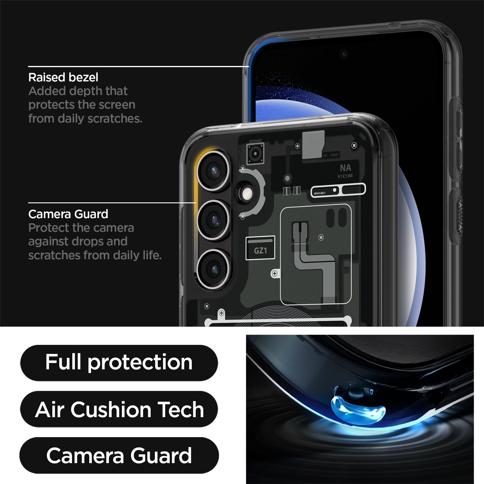 ACS06372 - Galaxy S23 FE Case Ultra Hybrid in zero one raised bezel added depth that protects the screen from daily scratches. camera guard protect the camera against drops and scratches from daily life. full protection. air cushion tech. camera guard.