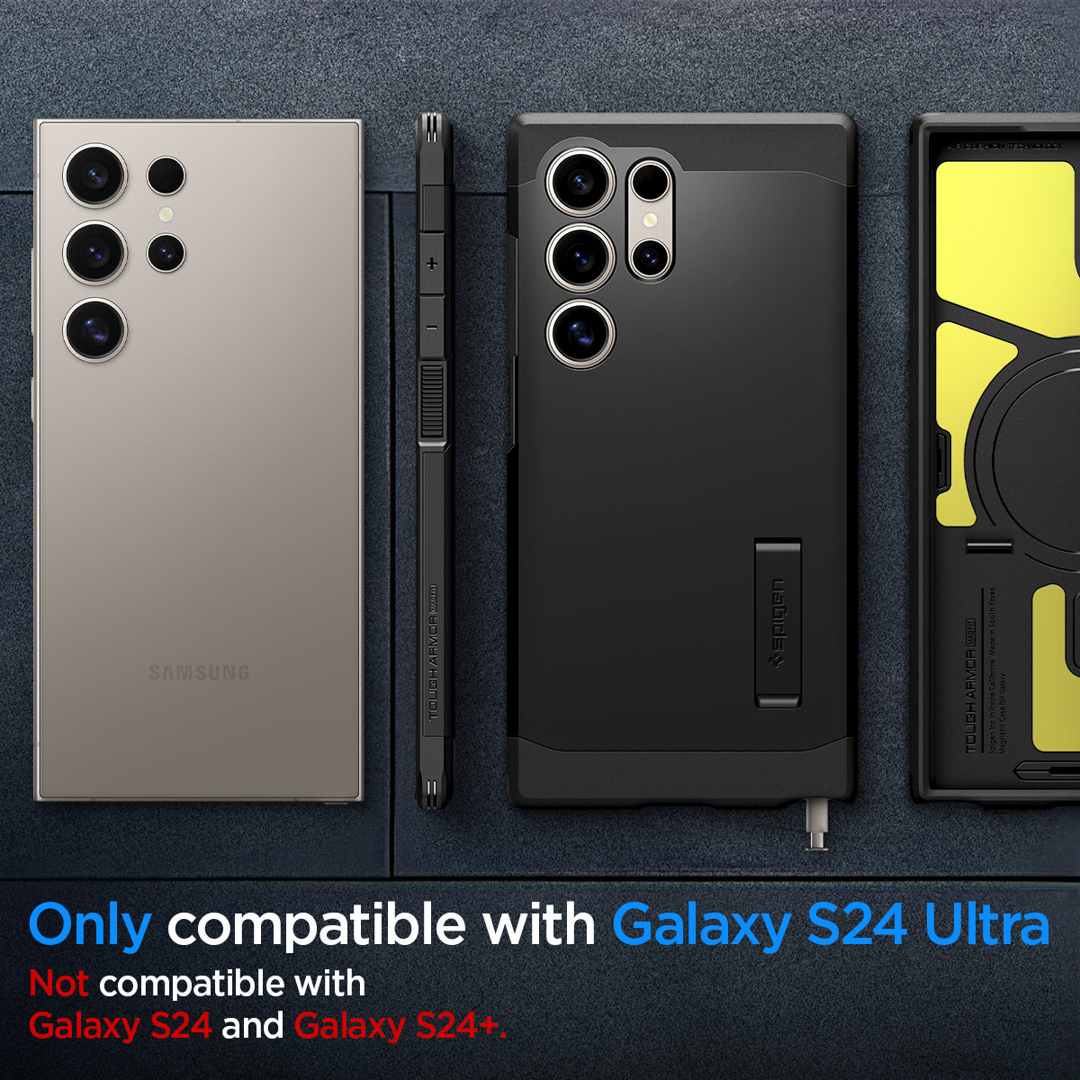 ACS07303 - Galaxy S24 Ultra Case Tough Armor (MagFit) in Black showing the compatibility only with Galaxy S24 Ultra. Not compatible with Galaxy S24 and Galaxy S24+