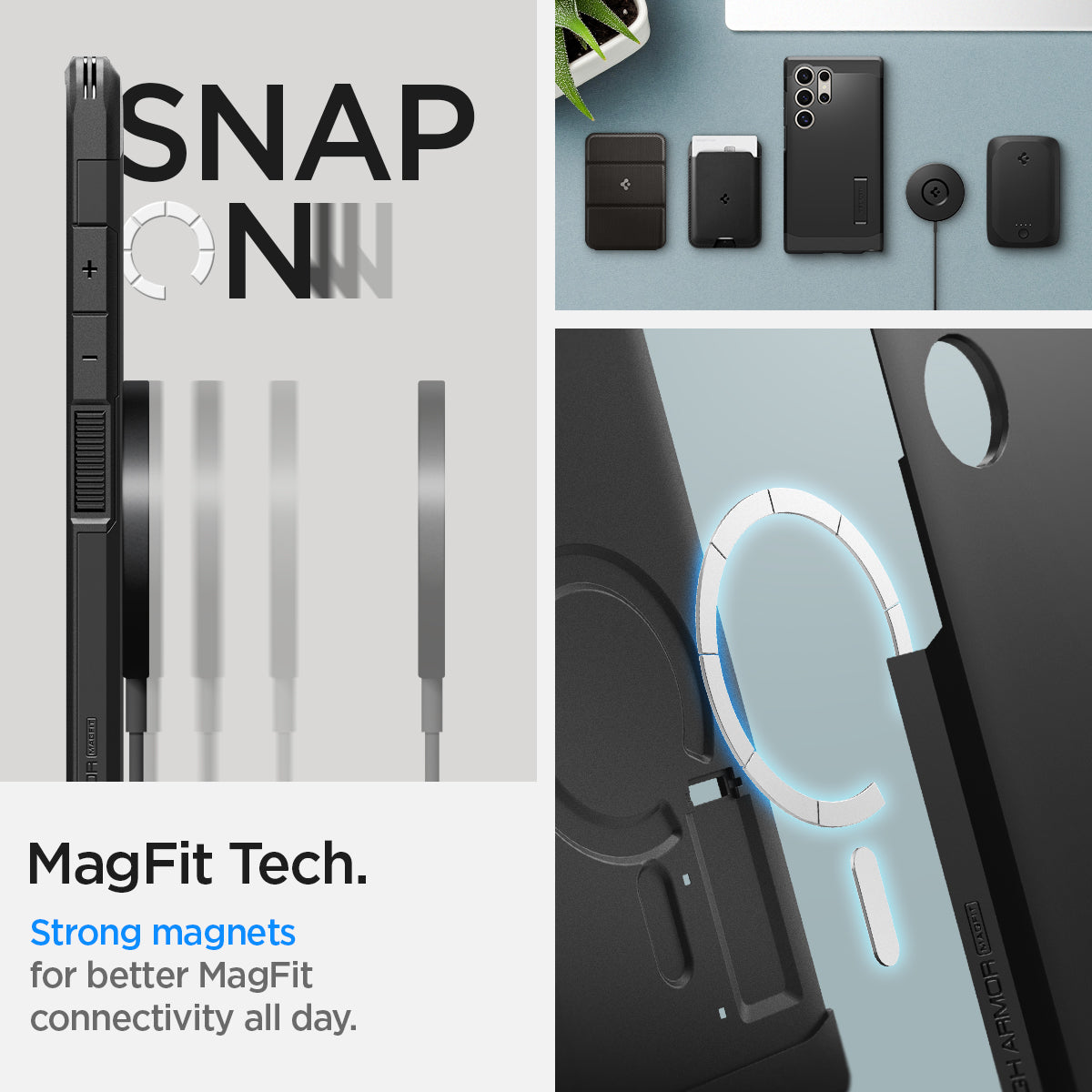 ACS07303 - Galaxy S24 Ultra Case Tough Armor (MagFit) in Black showing the magfit tech. Strong magnets for better MagFit connectivity all day