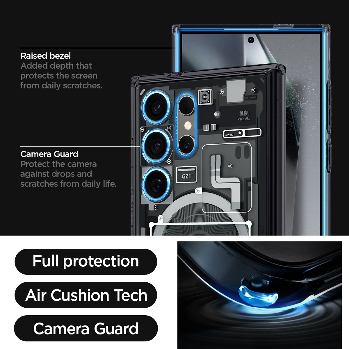 ACS07298 - Galaxy S24 Ultra Case Ultra Hybrid Metal Ring Zero One (MagFit) in Zero One raised bezel added depth that protects the screen from daily scratches. camera guard protect the camera against drops and scratches from daily life. full protection. air cushion tech. camera guard.