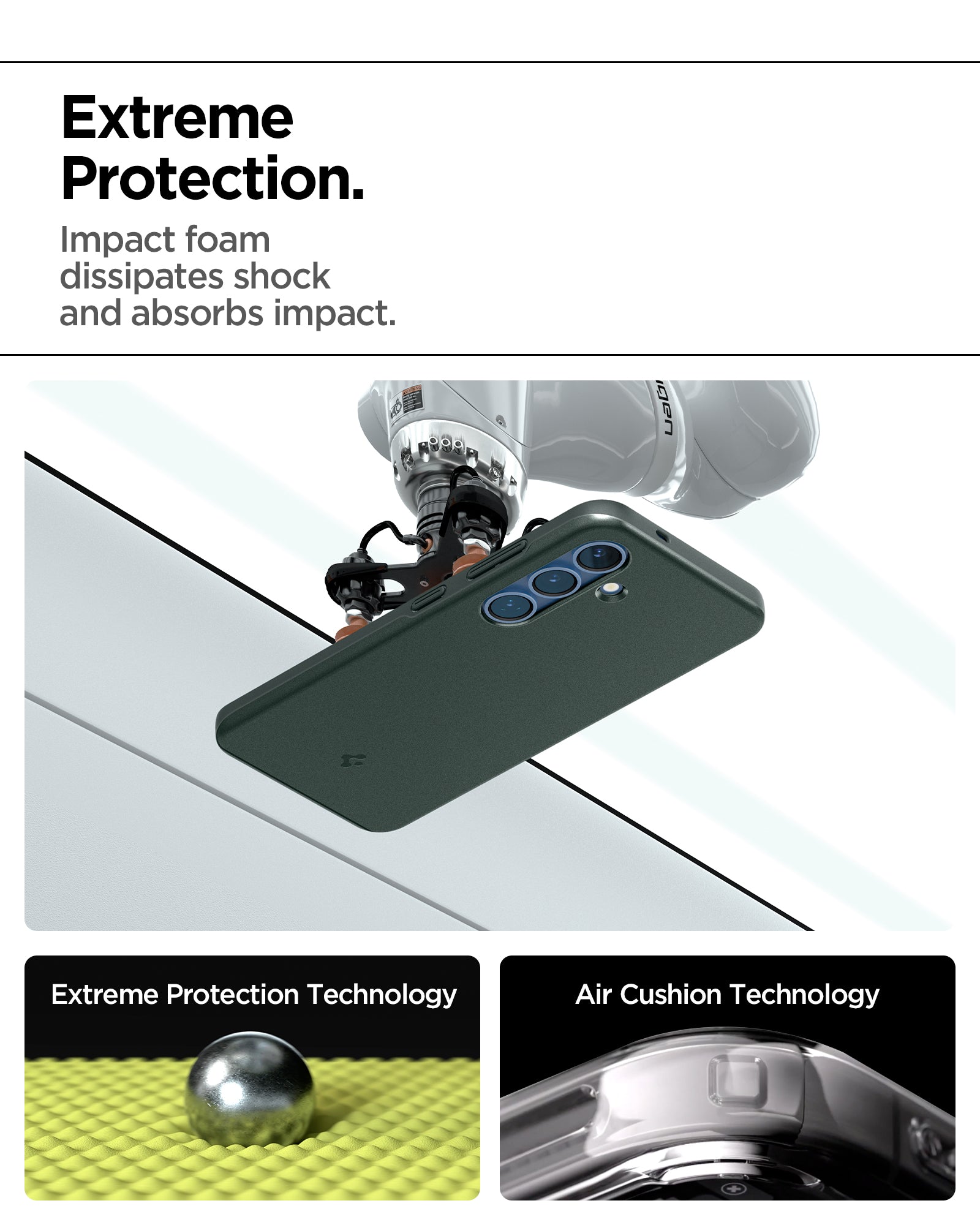 ACS08994 - Galaxy S25 Case Thin Fit (MagFit) in Abyss Green showing the extreme protection. Impact foam dissipates shock and absorbs impact. Extreme Protection Technology. Air Cushion Technology