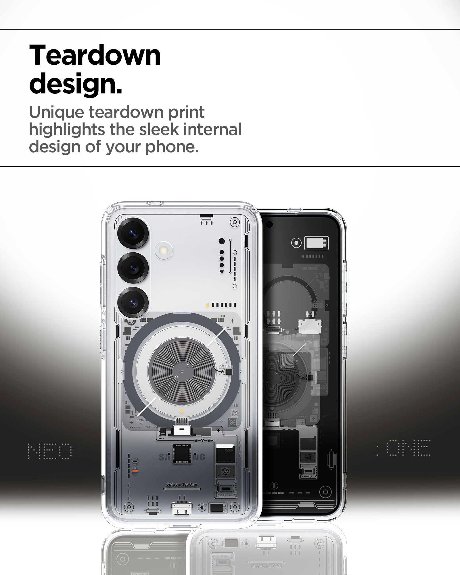 ACS09470 - Galaxy S25 Case Ultra Hybrid Metal Ring Neo One (MagFit) in Neo One teardown deign. unique teardown print highlights the sleek internal highlights the sleek internal design of your phone