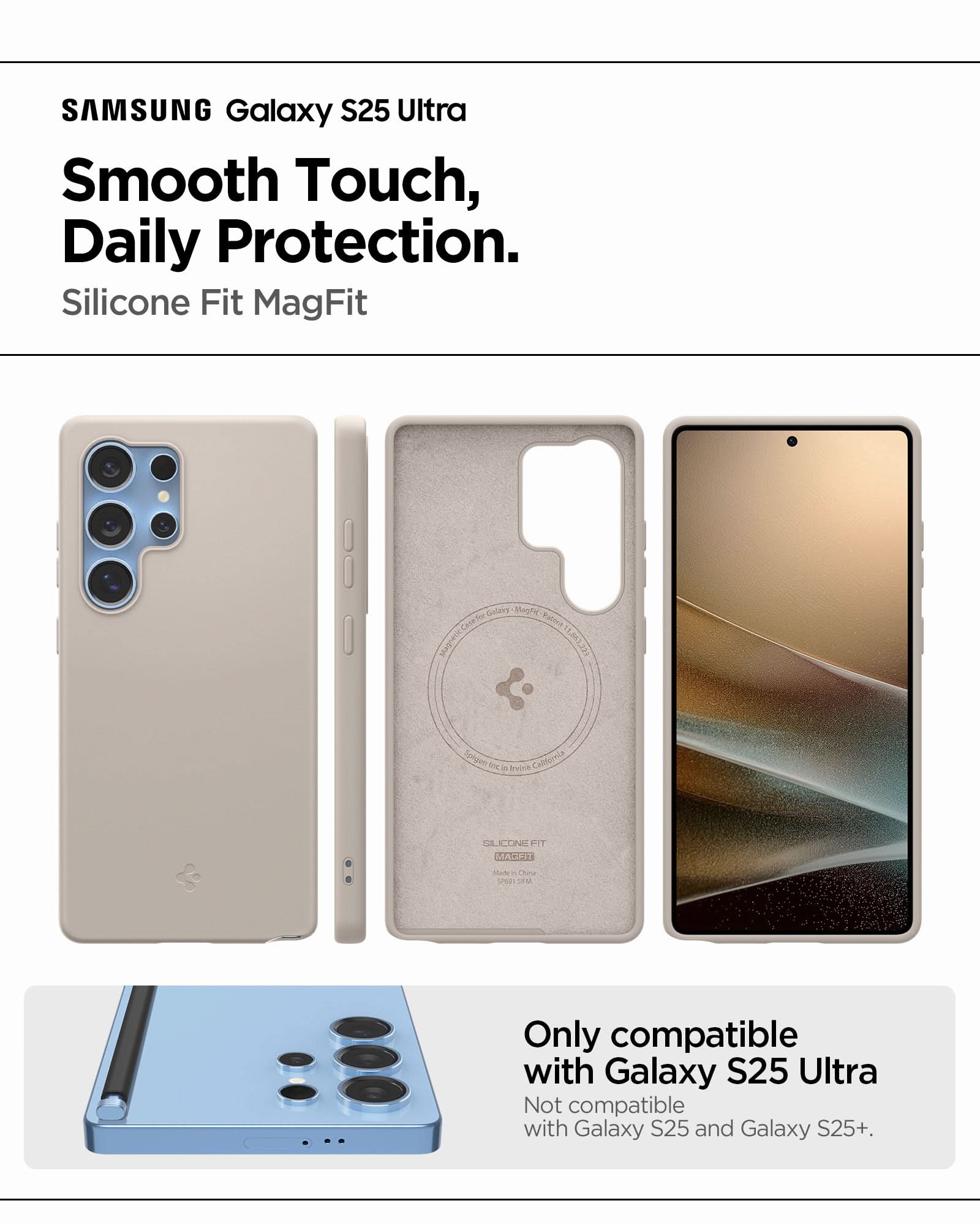 ACS09165 - Galaxy S25 Ultra Case Silicone Fit (MagFit + Qi2 Ready) in Natural Titanium showing the smooth touch daily protection. Silicone Fit MagFit. Only compatible with Galaxy S25 Ultra and not compatible with Galaxy S25 and Galaxy S25+