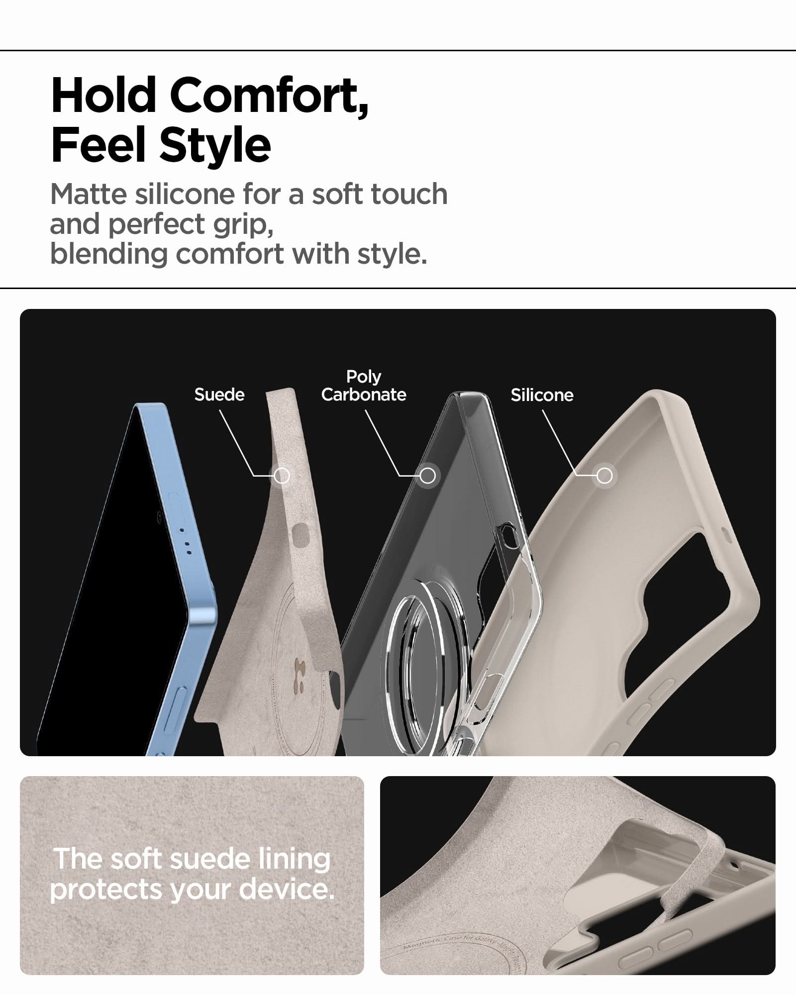 ACS09165 - Galaxy S25 Ultra Case Silicone Fit (MagFit + Qi2 Ready) in Natural Titanium showing the matte silicone for a soft touch and perfect grip, blending comfort with style. Parts: Suede, Poly Carbonate and Silicone. The soft suede lining protects your device