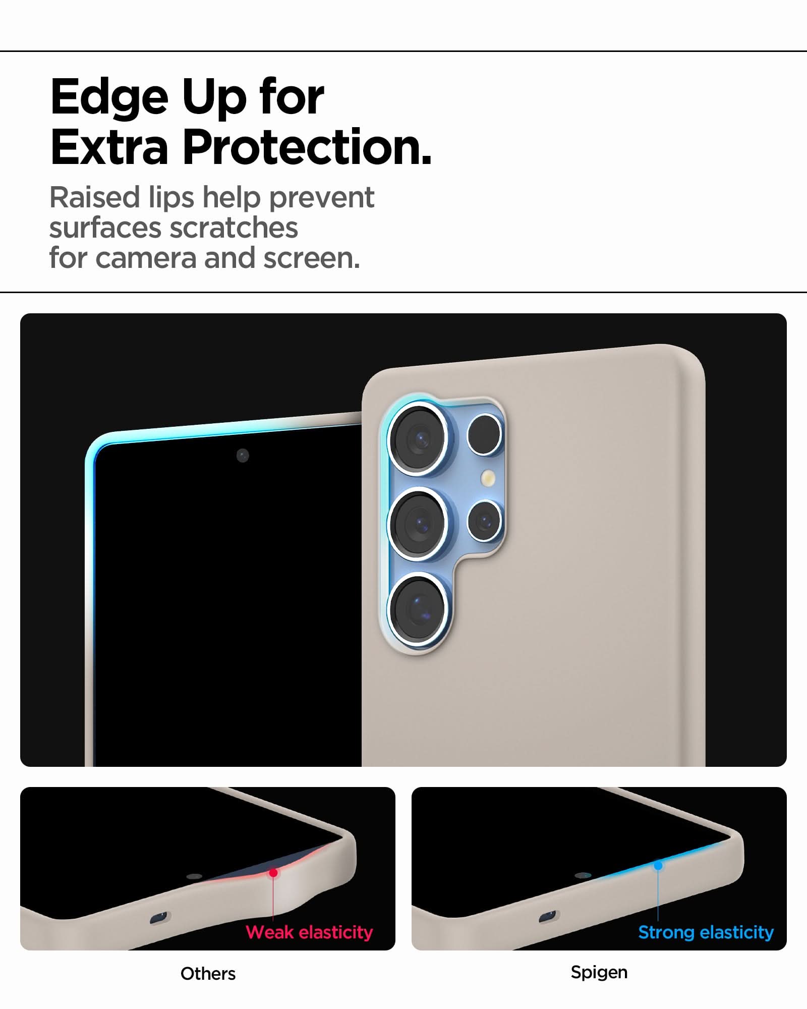 ACS09165 - Galaxy S25 Ultra Case Silicone Fit (MagFit + Qi2 Ready) in Natural Titanium showing the edge up for extra protection. Raised lips help prevent surfaces scratches for camera and screen