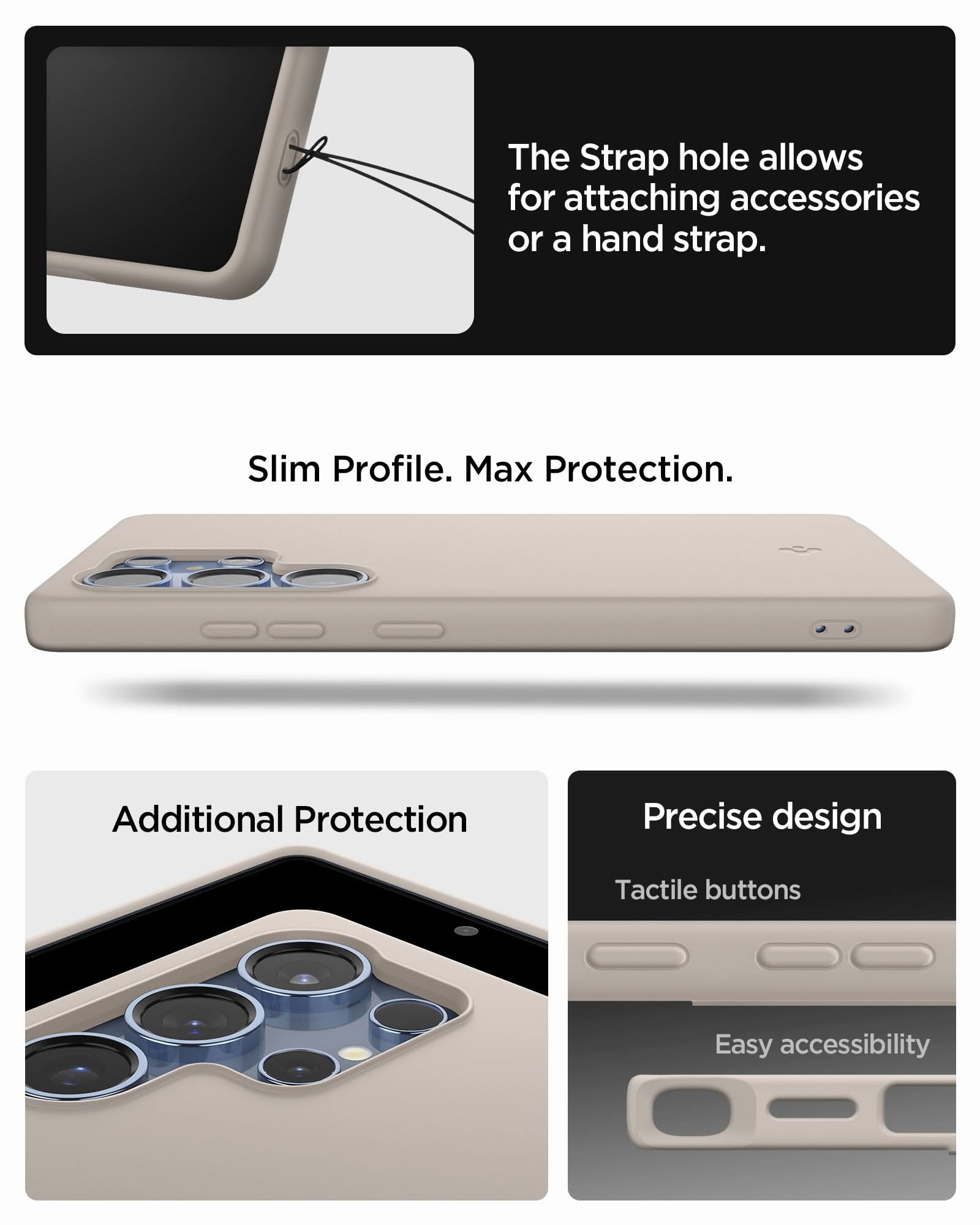 ACS09165 - Galaxy S25 Ultra Case Silicone Fit (MagFit + Qi2 Ready) in Natural Titanium showing the strap hole allows for attaching accessories or a hand strap. Slim Profile. Max Protection. Additional Protection, Precise design - tactile buttons and easy accessibility