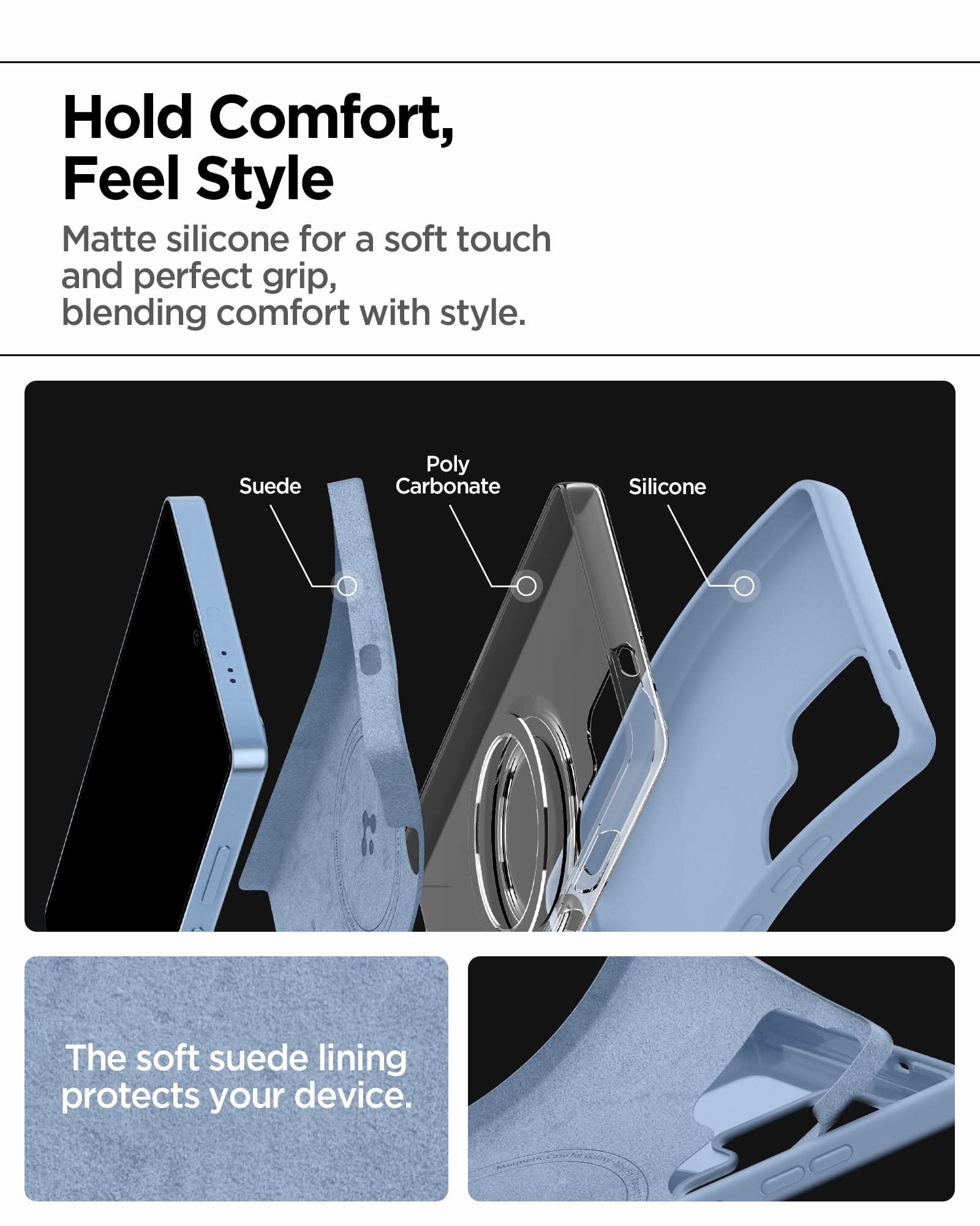 ACS09018 - Galaxy S25 Ultra Case Silicone Fit (MagFit + Qi2 Ready) in Sapphire Blue showing the matte silicone for a soft touch and perfect grip, blending comfort with style. Parts: Suede, Poly Carbonate and Silicone. The soft suede lining protects your device
