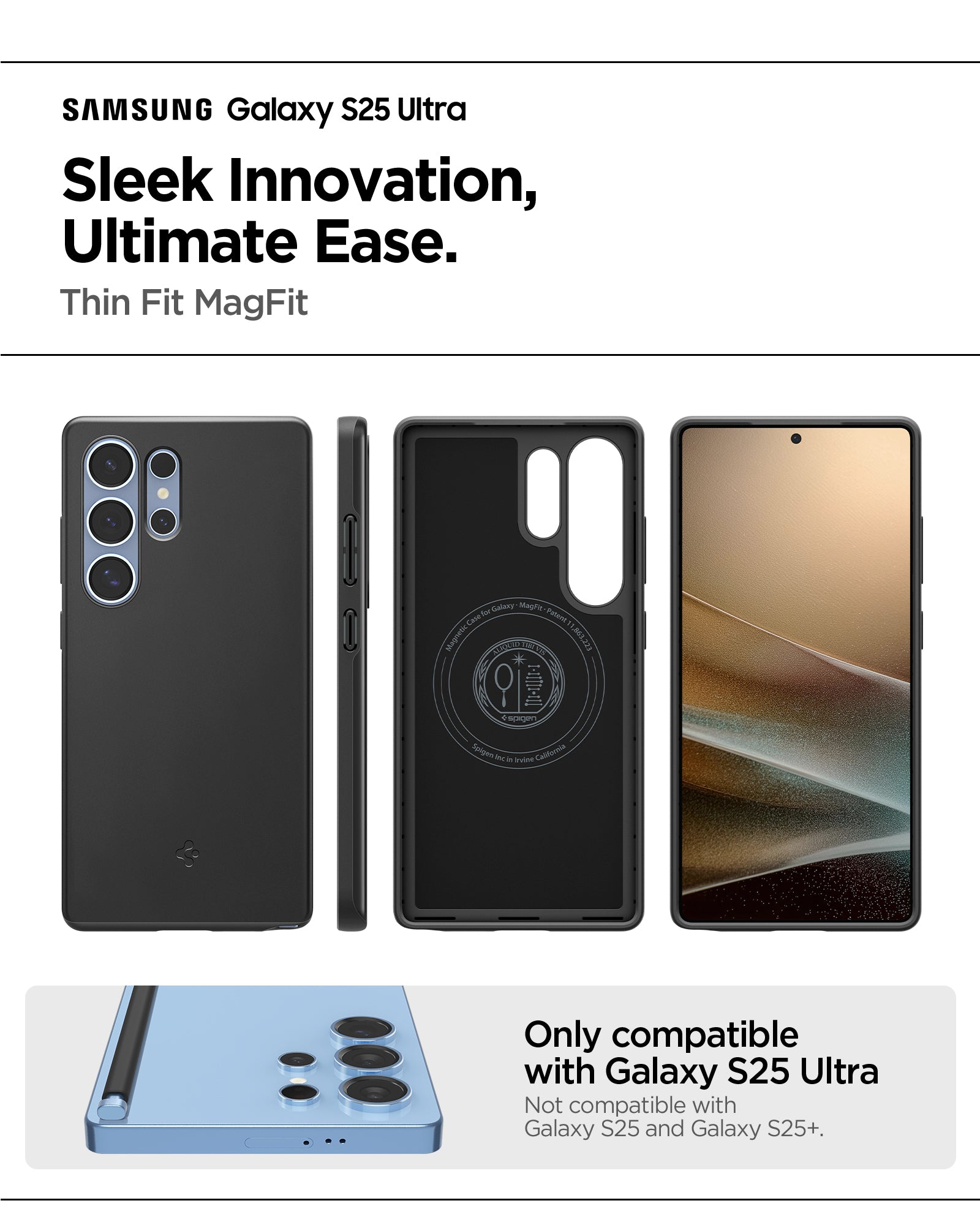 ACS08946 - Galaxy S25 Ultra Case Thin Fit (MagFit) in Black showing the compatibility. Only compatible with Galaxy S25 Ultra and not compatible Galaxy S25 and Galaxy S25+