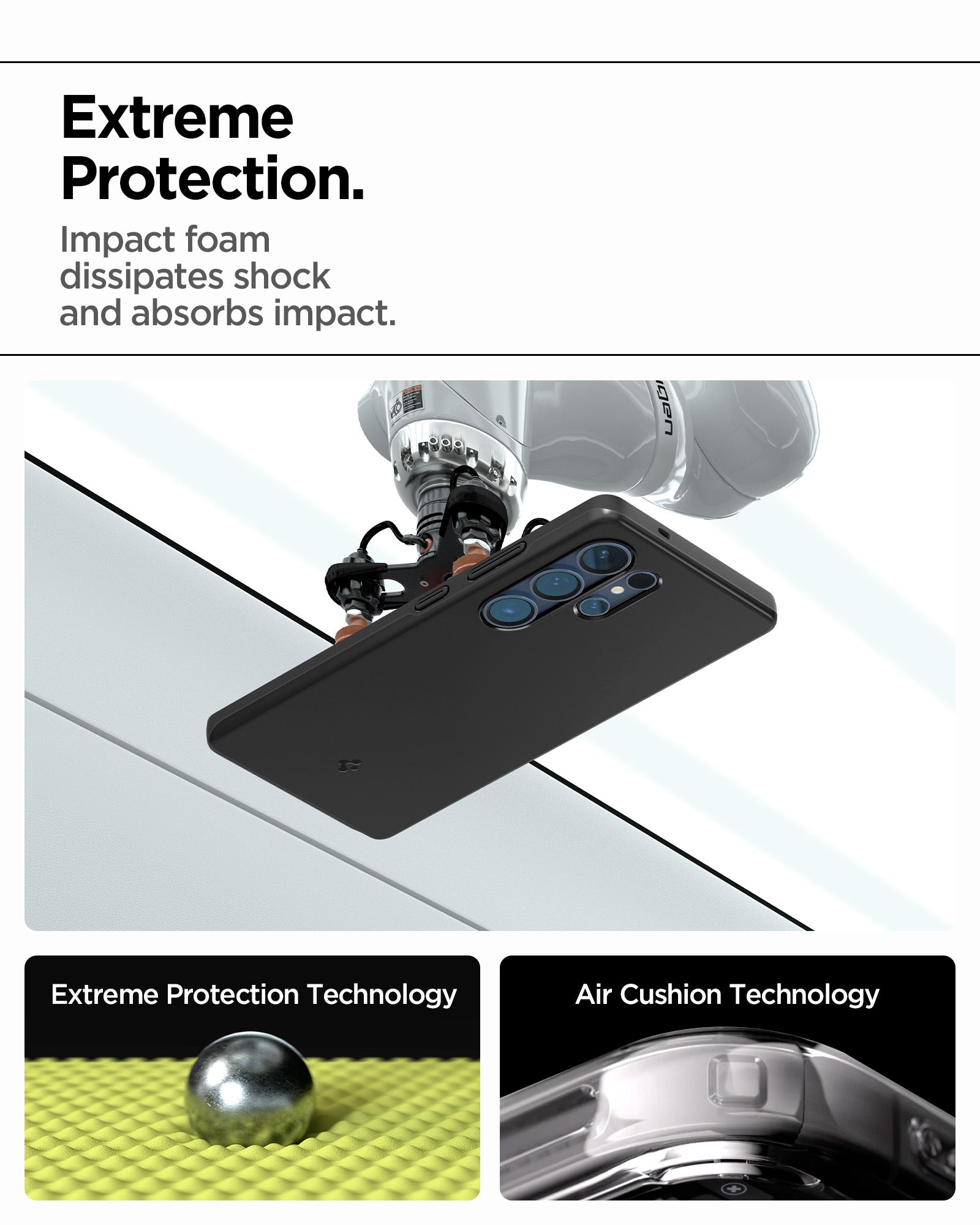 ACS08946 - Galaxy S25 Ultra Case Thin Fit (MagFit) in Black showing the extreme protection. Impact foam dissipates shock and absorbs impact. Extreme Protection Technology. Air Cushion Technology
