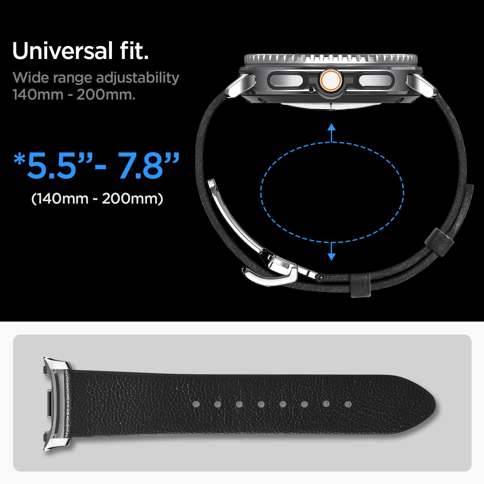 AMP10119 - Galaxy Watch 8 Series Enzo showing universal fit. wide range adjustability 140mm-200mm