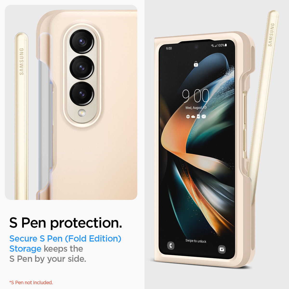 ACS05511 - Galaxy Z Fold 4 Case Thin Fit P in pearled ivory showing the S Pen protection. Secure S Pen (Fold Edition) Storage keeps the S Pen by your side