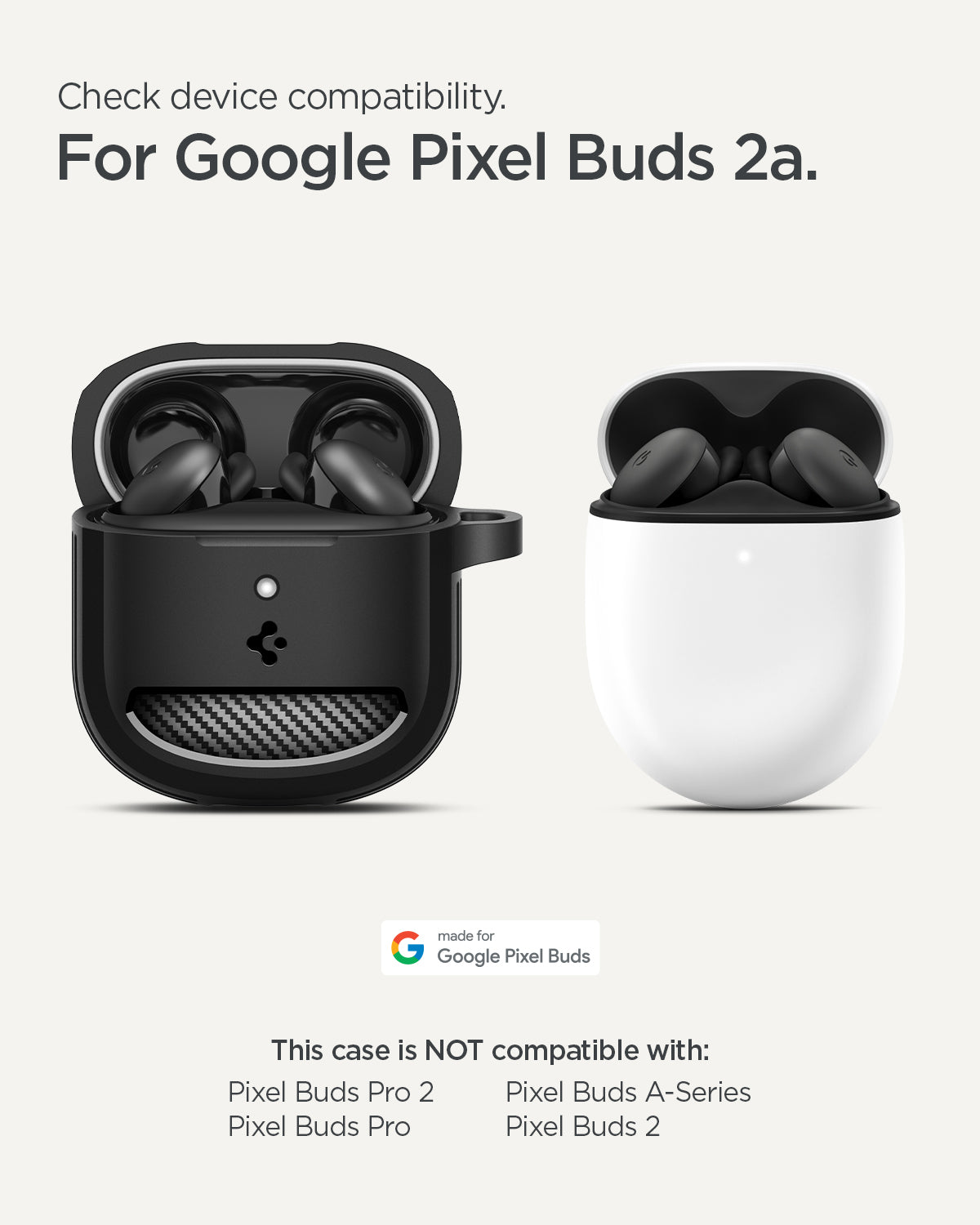 ACS09480 - GBAb Case Rugged Armor in black showing the compatibility. Compatible with Google Pixel Buds 2a.