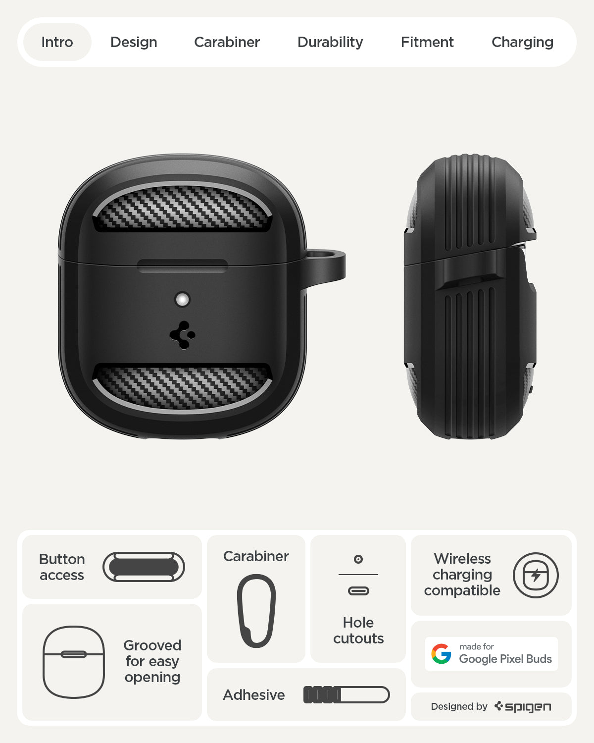 ACS09480 - GBAb Case Rugged Armor in black showing the case overview. Button access, grooved for easy opening, carabiner, adhesive, hole cutouts, and wireless charging compatible