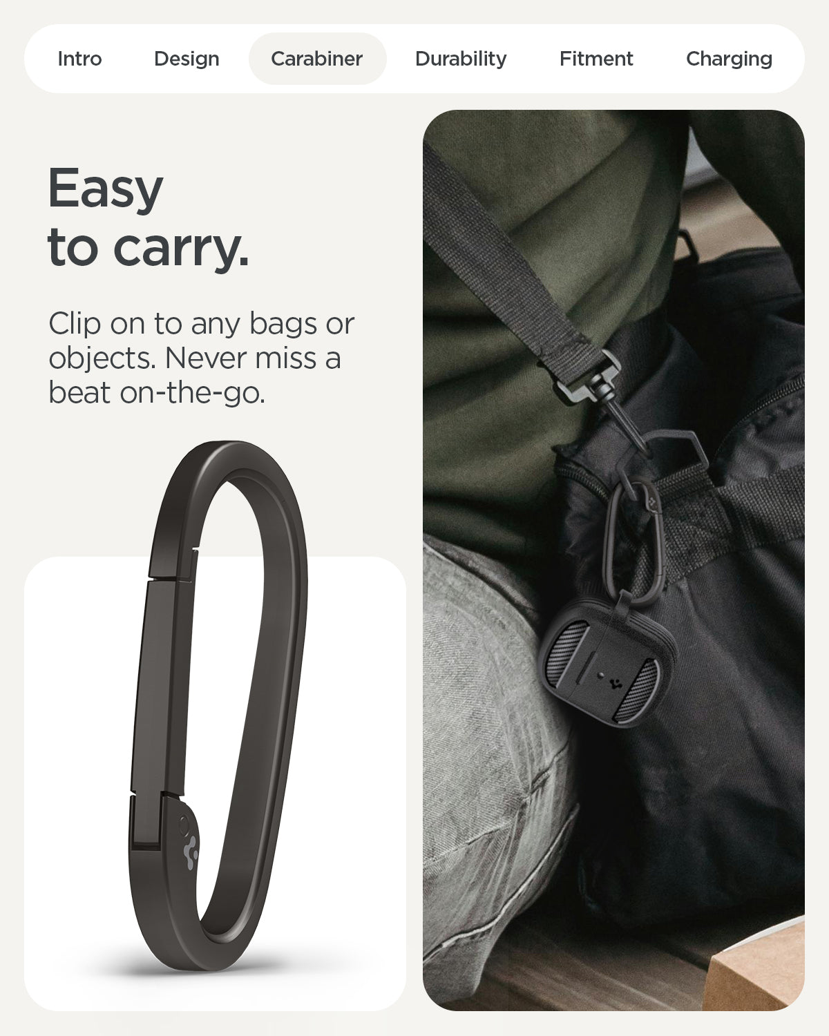 ACS09480 - GBAb Case Rugged Armor in black showing the easy to carry ability. Clip on to any bags or objects. Never miss a beat on the go