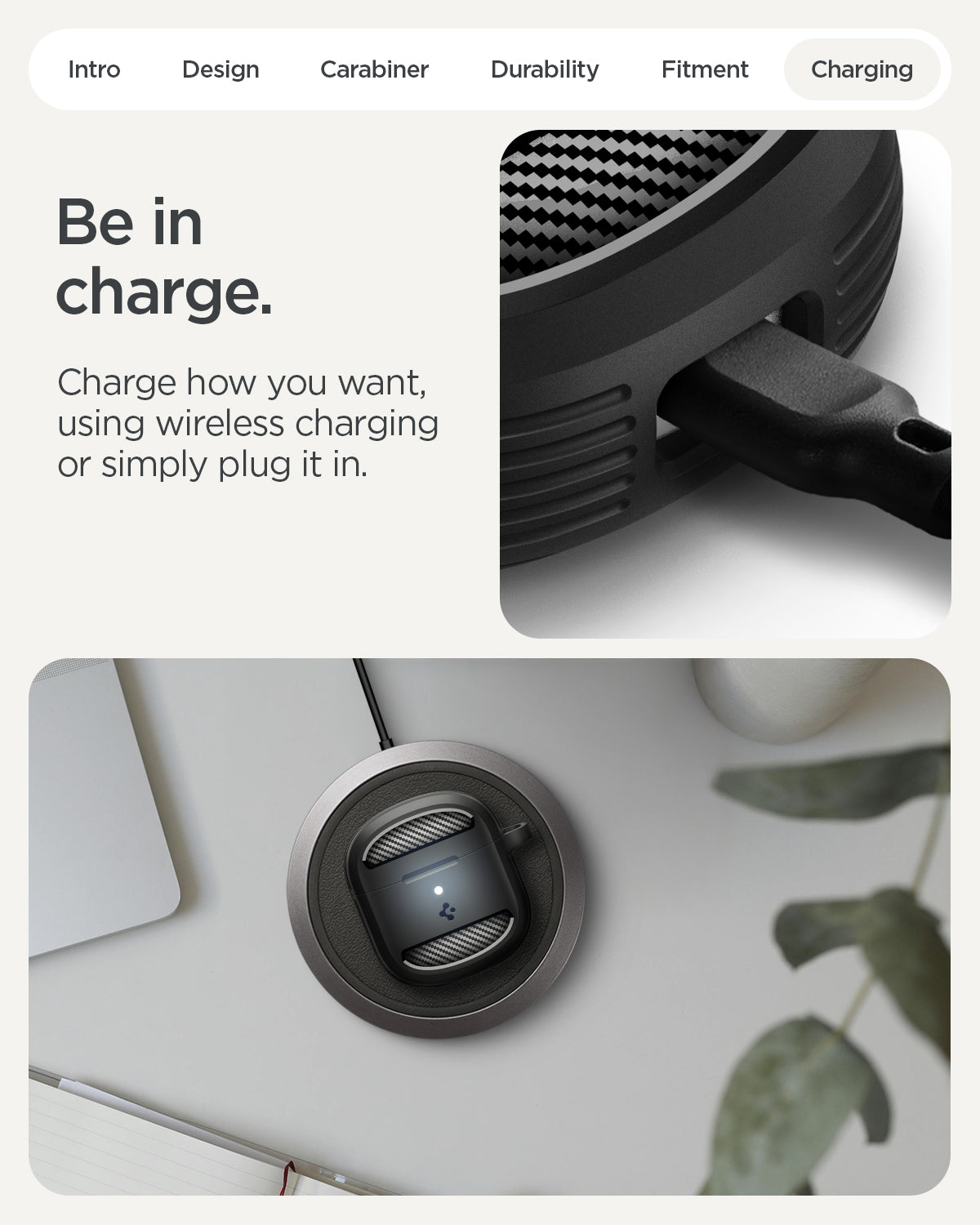 ACS09480 - GBAb Case Rugged Armor in black showing be in charge. Charge how you want using wireless charging or simply plug it in