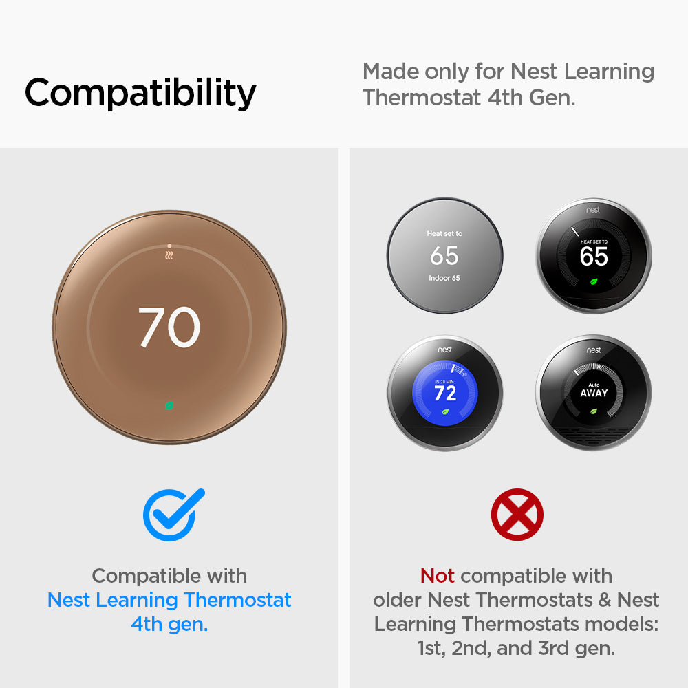 AHP09220 - Google Nest Learning Thermostat 4th Gen Wall Plate in Dune Beige showing the compatibility. Made only for Nest Learning Thermostat4th Gen. Not compatible with older Nest Thermostats & Nes Learning Thermostats models: 1st, 2nd, and 3rd gen