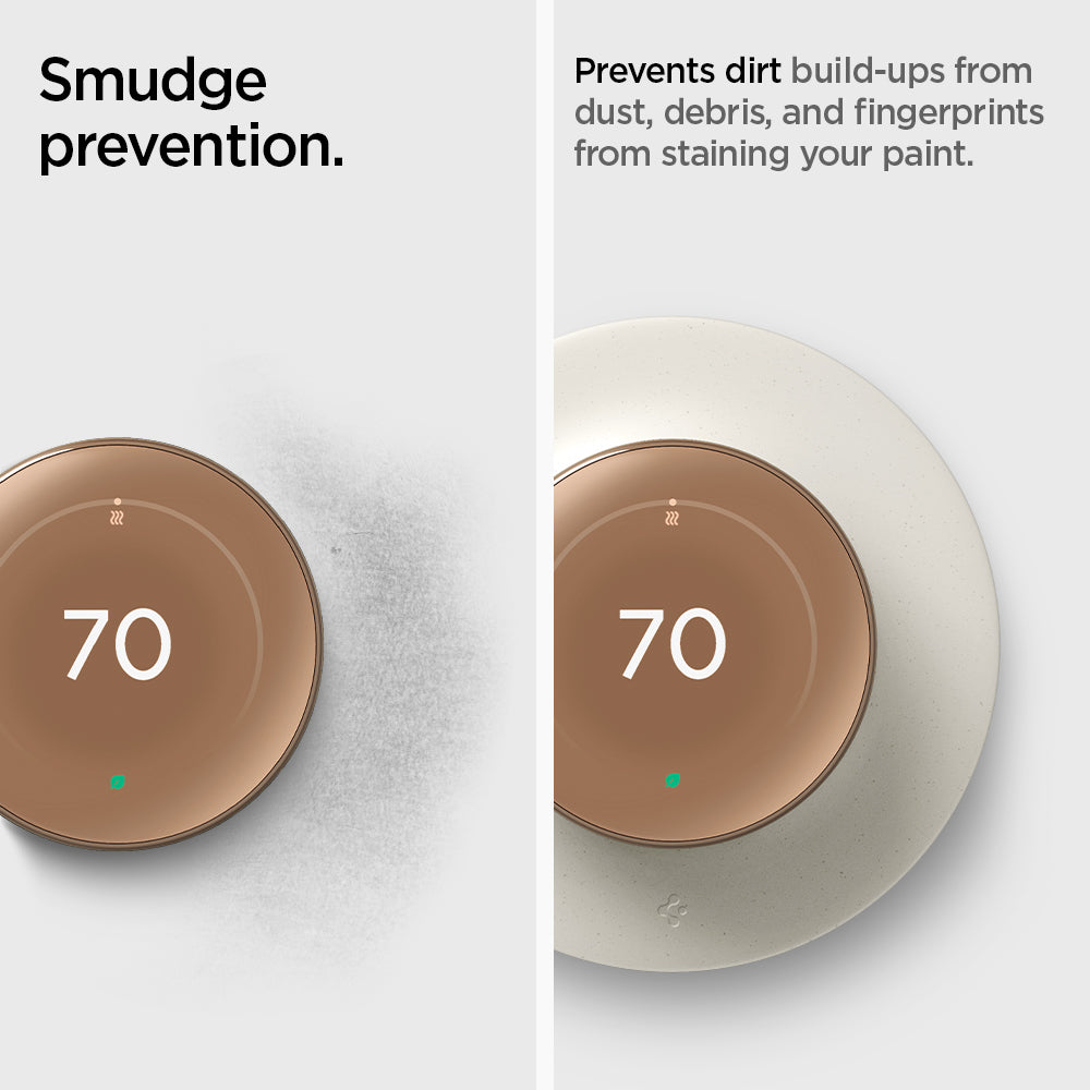 AHP09220 - Google Nest Learning Thermostat 4th Gen Wall Plate in Dune Beige showing the smudge prevention. Prevents dirt build-ups from dust, debris, and fingerprints from staining your paint