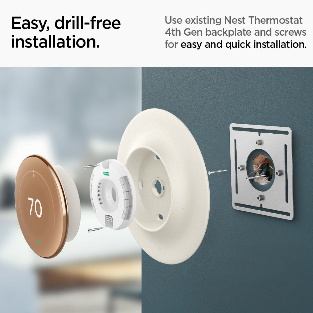 AHP09220 - Google Nest Learning Thermostat 4th Gen Wall Plate in Dune Beige showing the easy, drill-free installation. Use existing Nest Thermostat 4th Gen backplate and screws for easy and quick installation