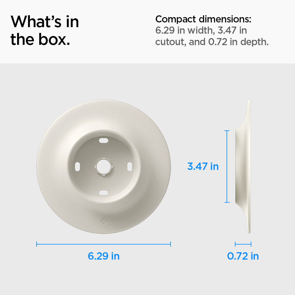 AHP09220 - Google Nest Learning Thermostat 4th Gen Wall Plate in Dune Beige showing what's in the box. Compact dimensions: 6.29 in width, 3.47 in cutout, and 0.72 in depth