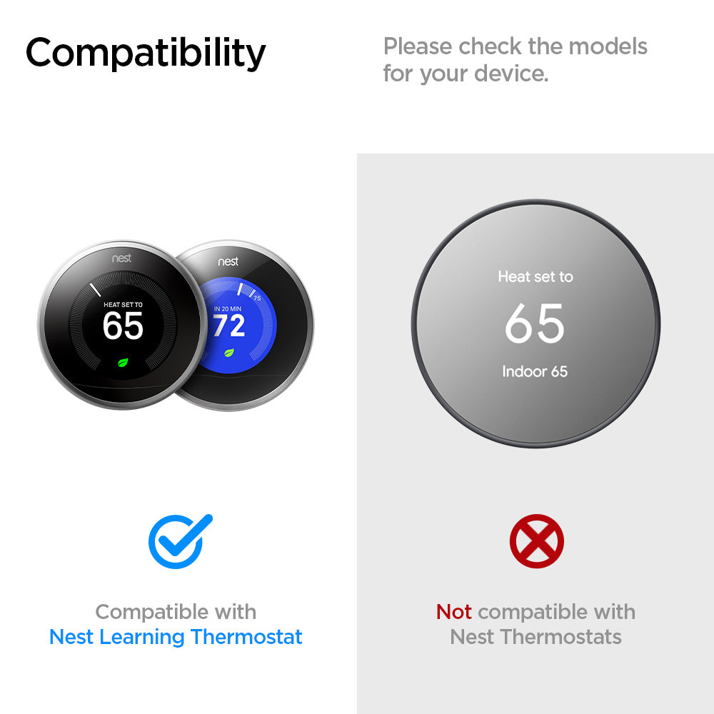AHP03711 - Google Nest Learning Thermostat 3G Wall Plate in black showing the compatibility. Compatible with Nest Learning Thermostat and Not compatible with Nest Thermostats