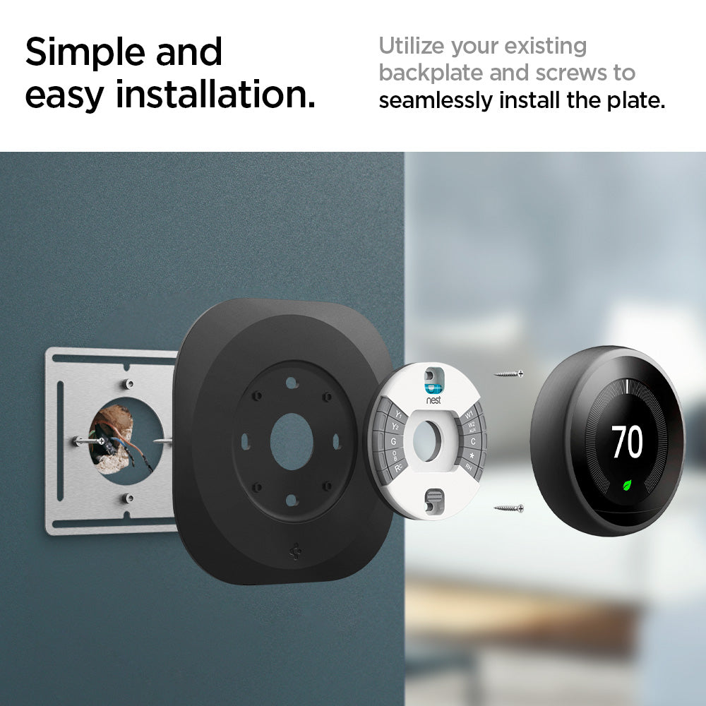 AHP03711 - Google Nest Learning Thermostat 3G Wall Plate in black showing the simple and easy installation. Utilize your existing backplate and screws to seamlessly install the plate