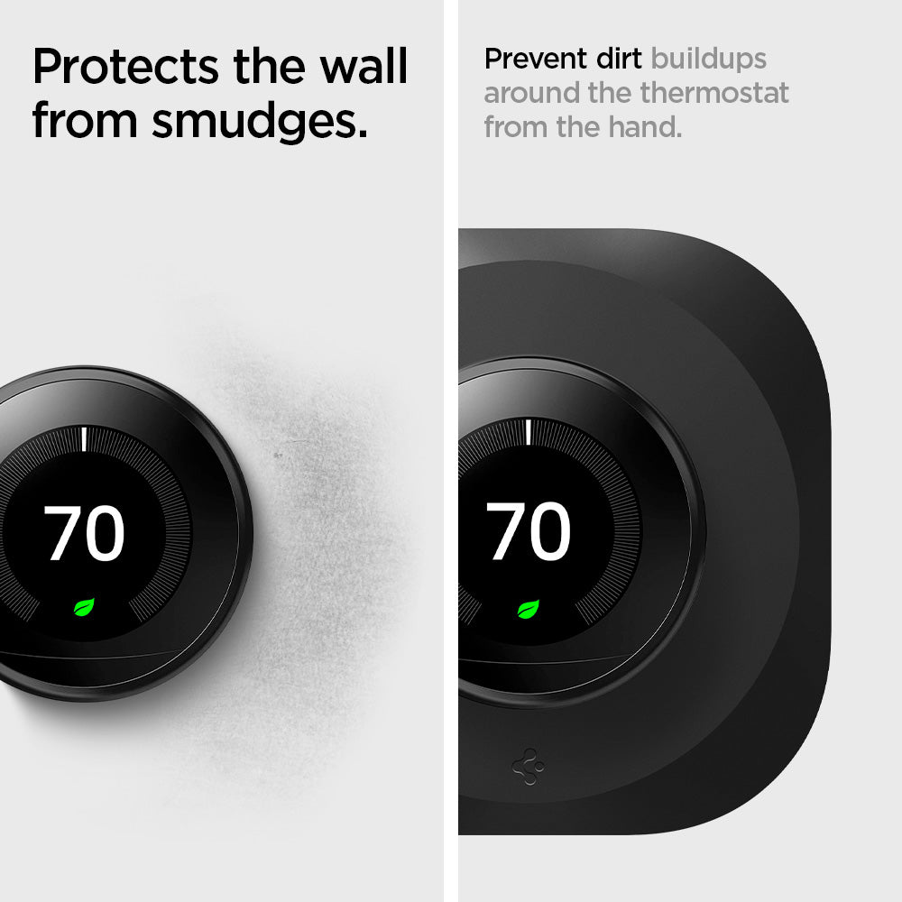 AHP03711 - Google Nest Learning Thermostat 3G Wall Plate in black showing how its protected from wall smudges. Prevent dirt buildups around the thermostat from the hand