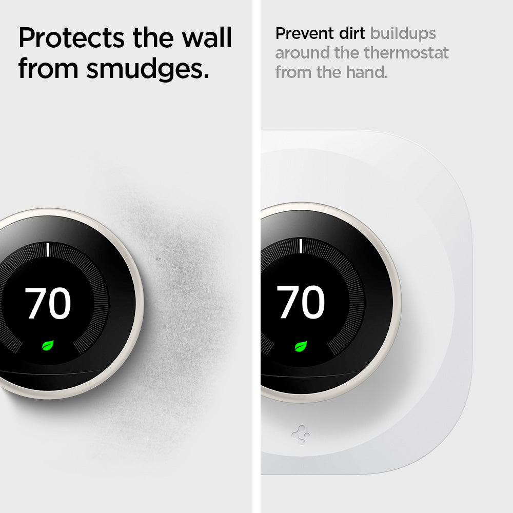 AHP03710 - Google Nest Learning Thermostat 3G Wall Plate in white showing how its protected from wall smudges. Prevent dirt buildups around the thermostat from the hand