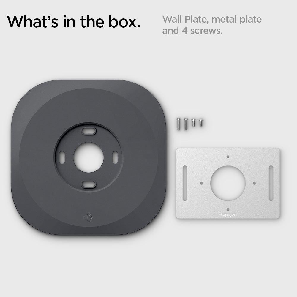 AHP02762 - Google Nest Thermostat Wall Plate in charcoal showing what's in the box. Wall Plate, metal plate and 4 screws