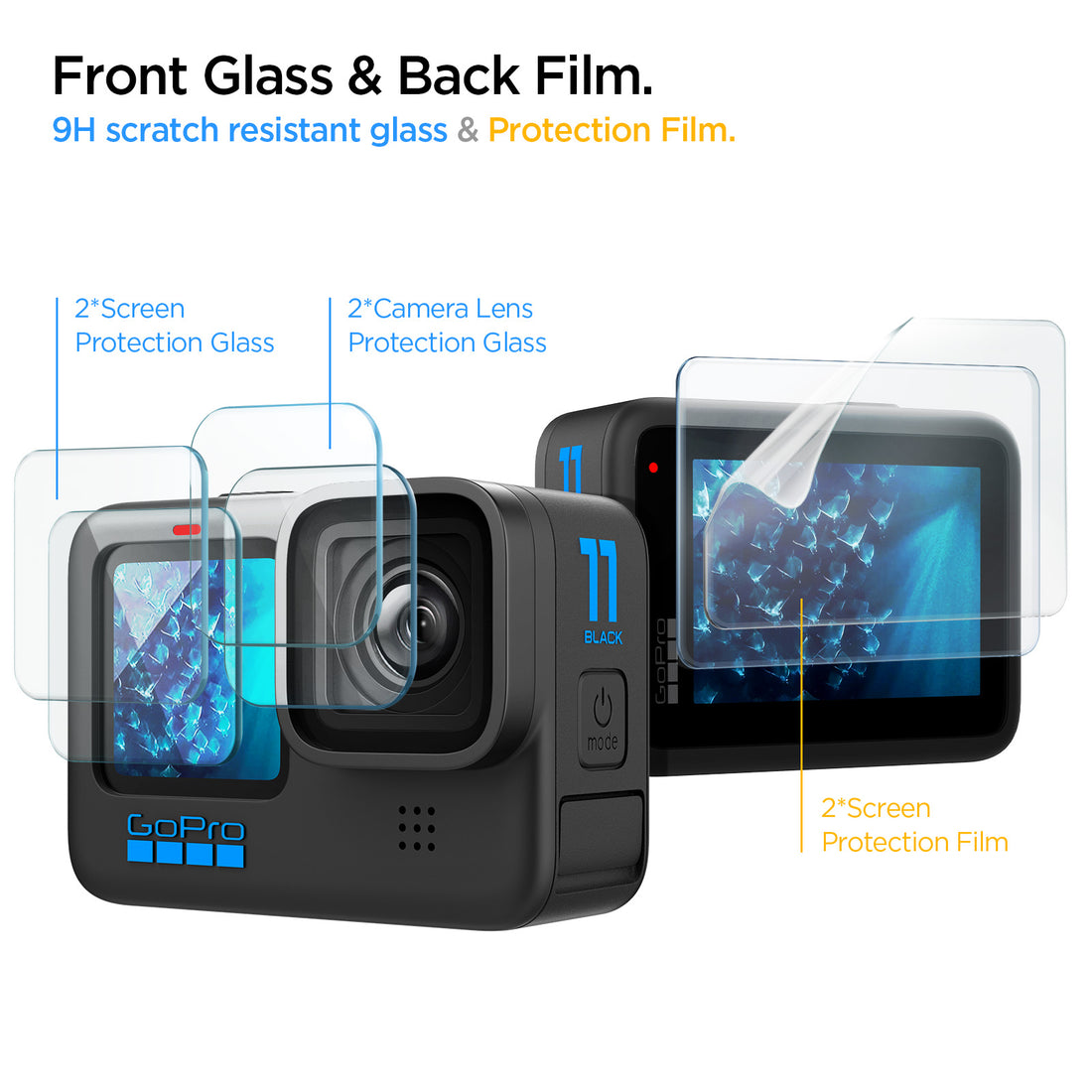 AGL09189 - HERO13 Black Glas.tR SLIM in Clear showing the front and back of device, screen protectors and packaging