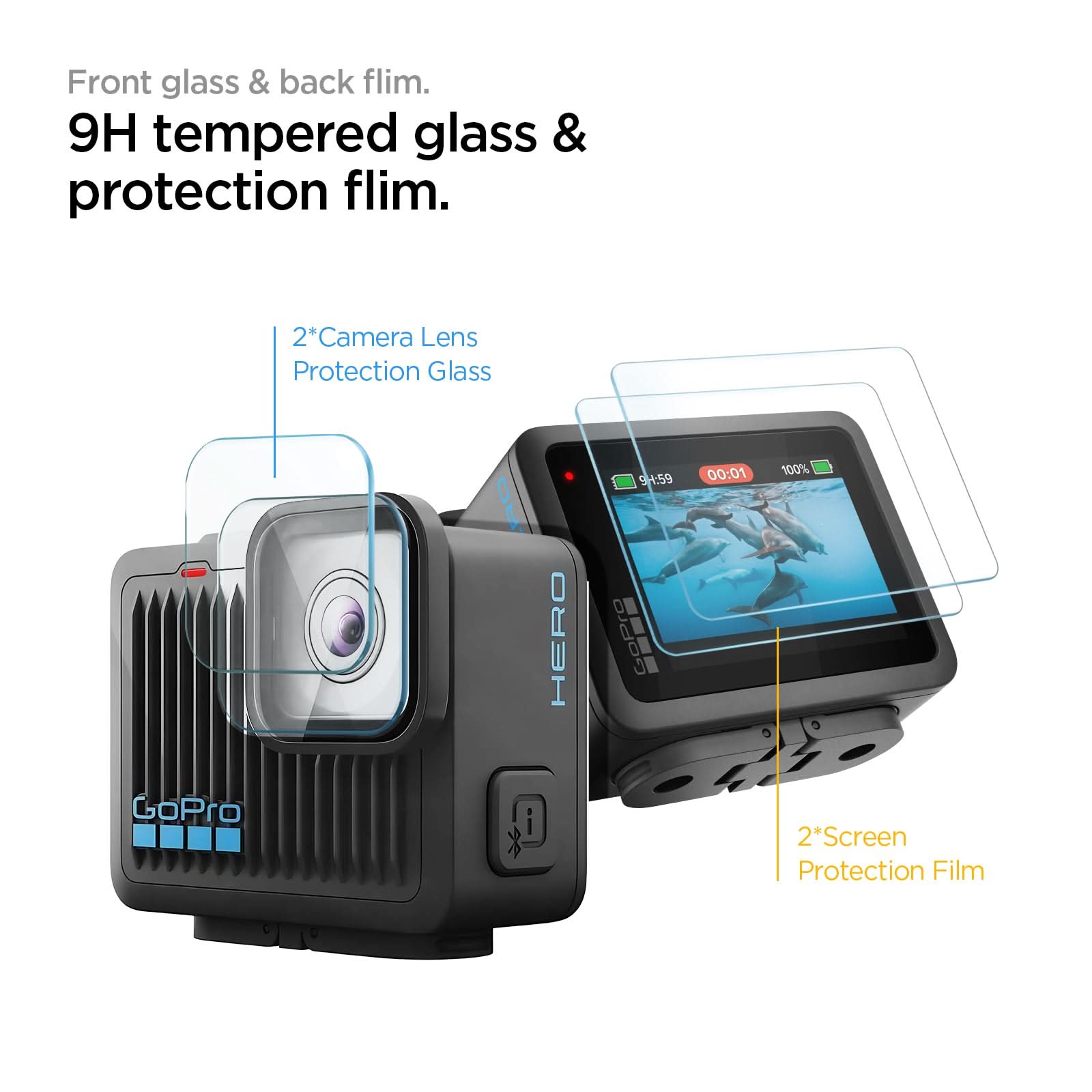 AGL09190 - HERO Glas.tR SLIM in Clear showing the front glass & back film. 2 camera lens protection glass | 2 screen protection film