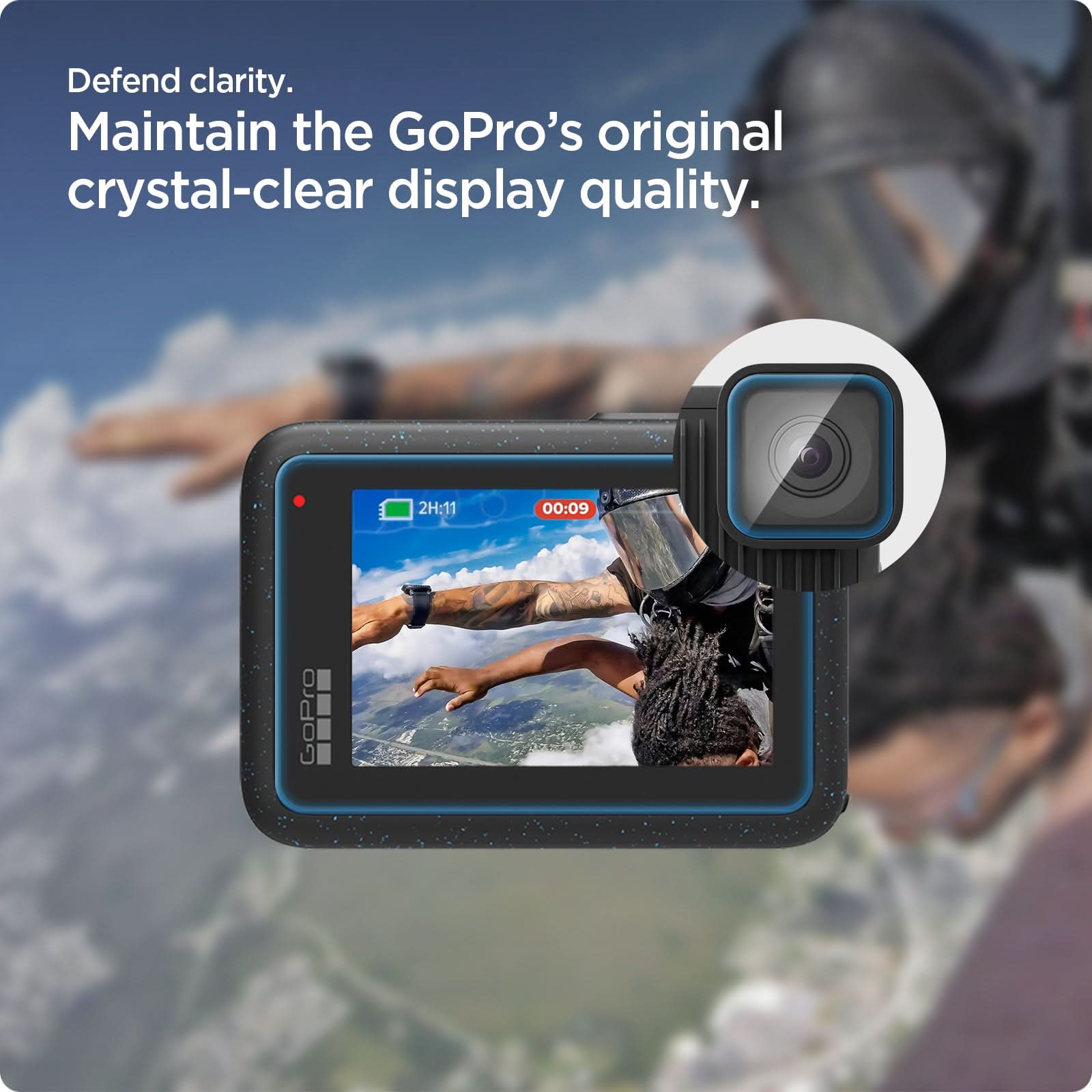 AGL09190 - HERO Glas.tR SLIM in Clear showing the defend clarity. Maintain the GoPro's original crystal-clear display quality