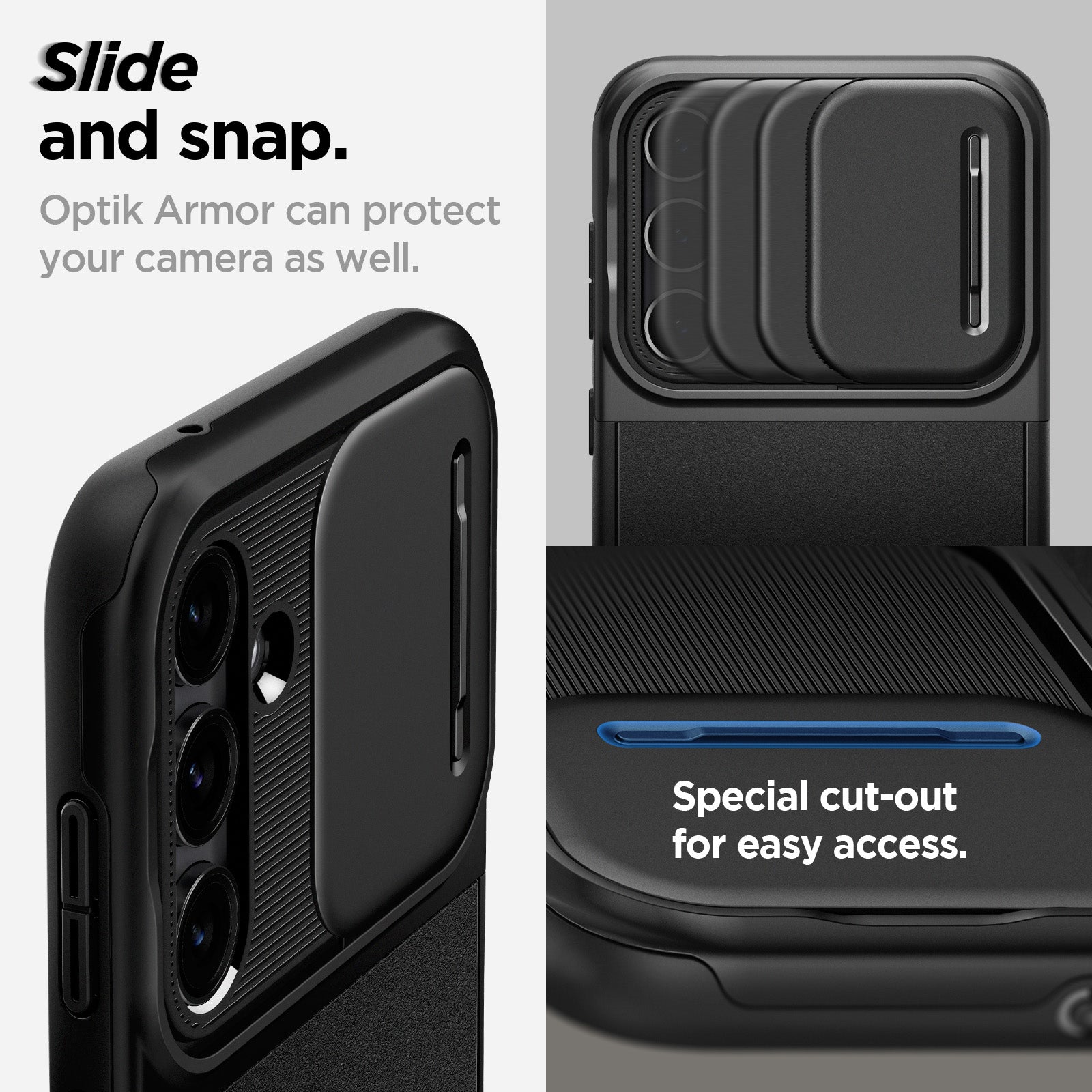 ACS06380 - Galaxy S23 FE Case Optik Armor in black slide and snap. Optik armor can protect your camera as well.