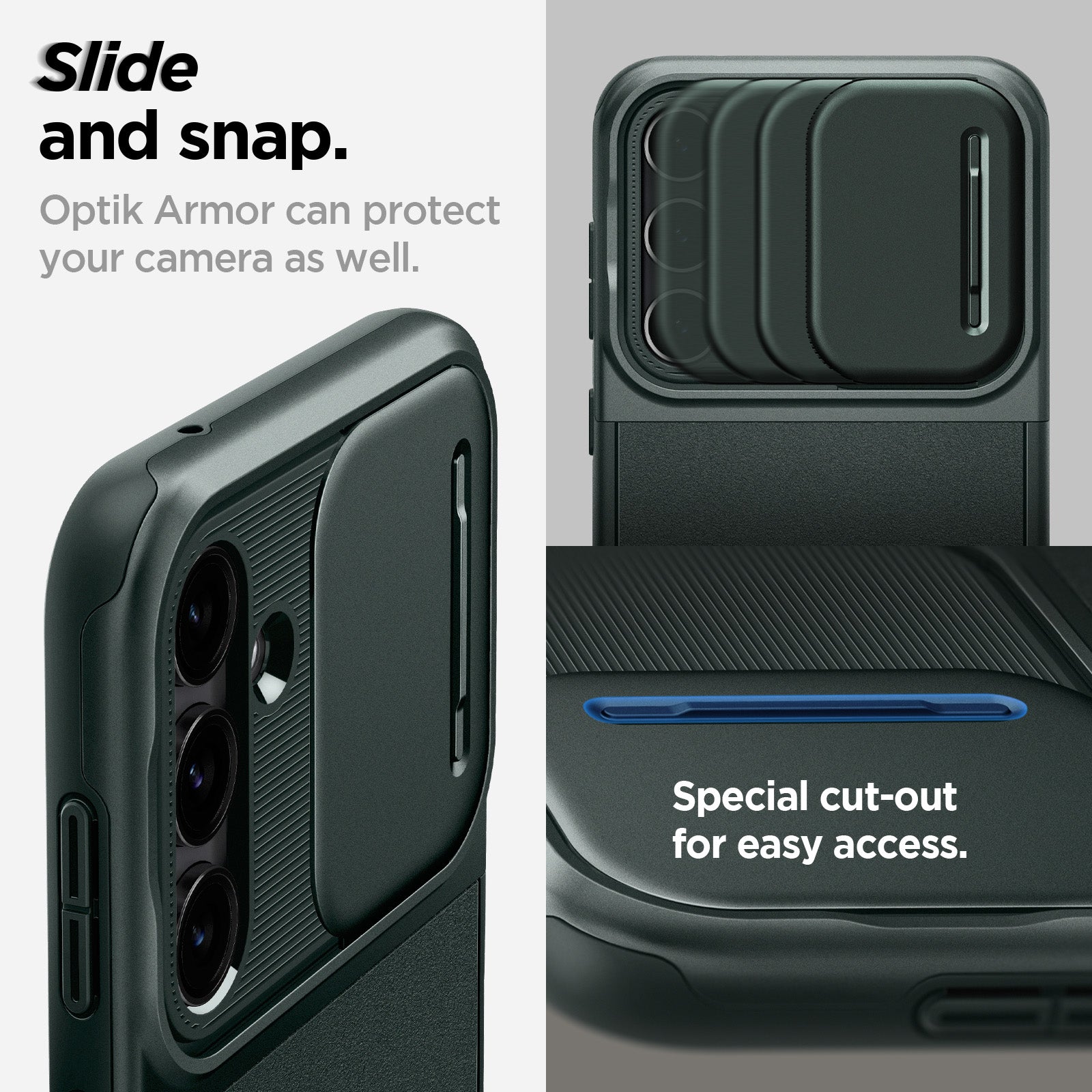 ACS06381 - Galaxy S23 FE Case Optik Armor in abyss green slide and snap. Optik armor can protect your camera as well.
