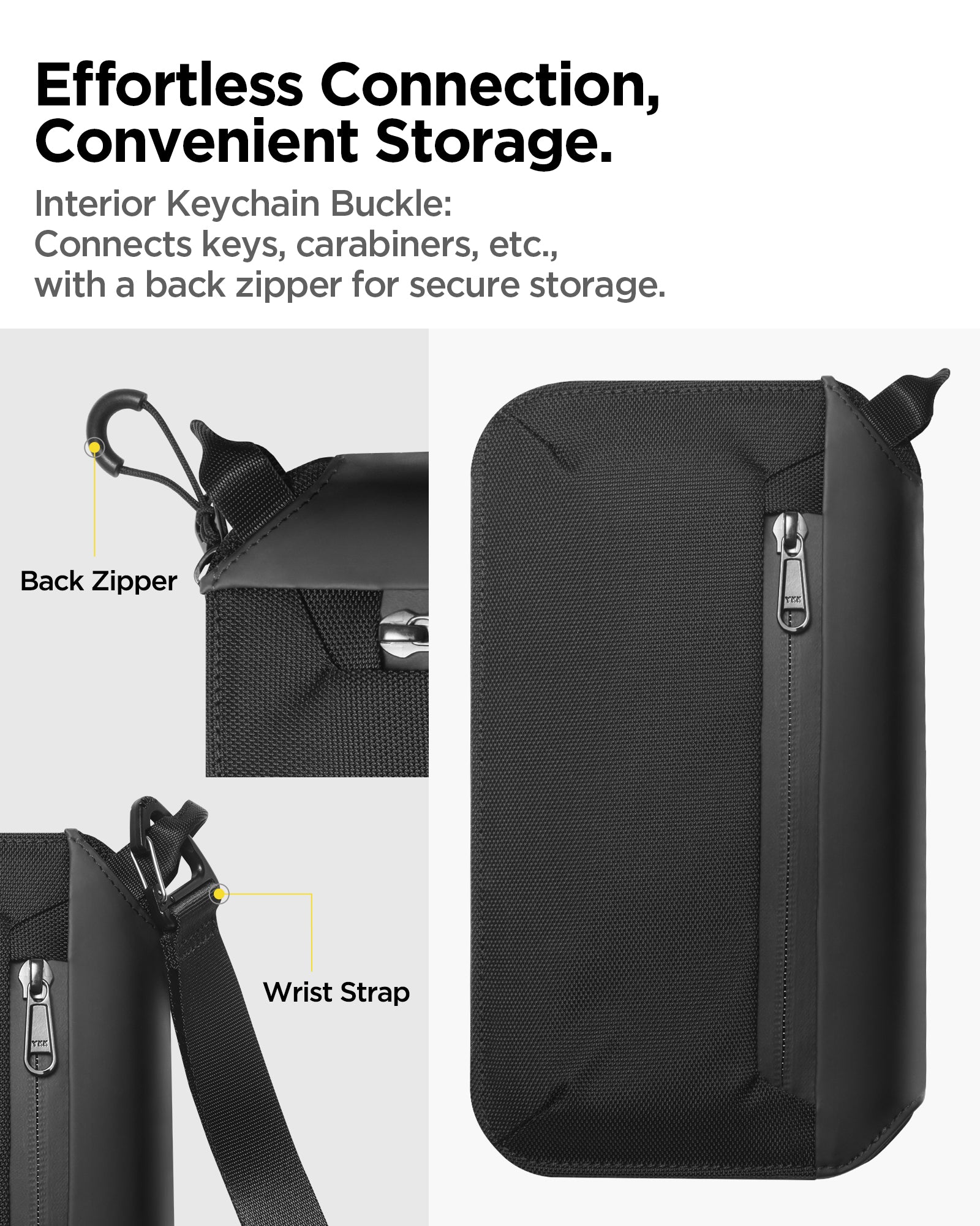 AFA07574 - Klasden Passport Organizer KD500 in Black showing the effortless connection, convenient storage, interior keychain buckle: connects keys, carabiners, etc., with a back zipper for secure storage