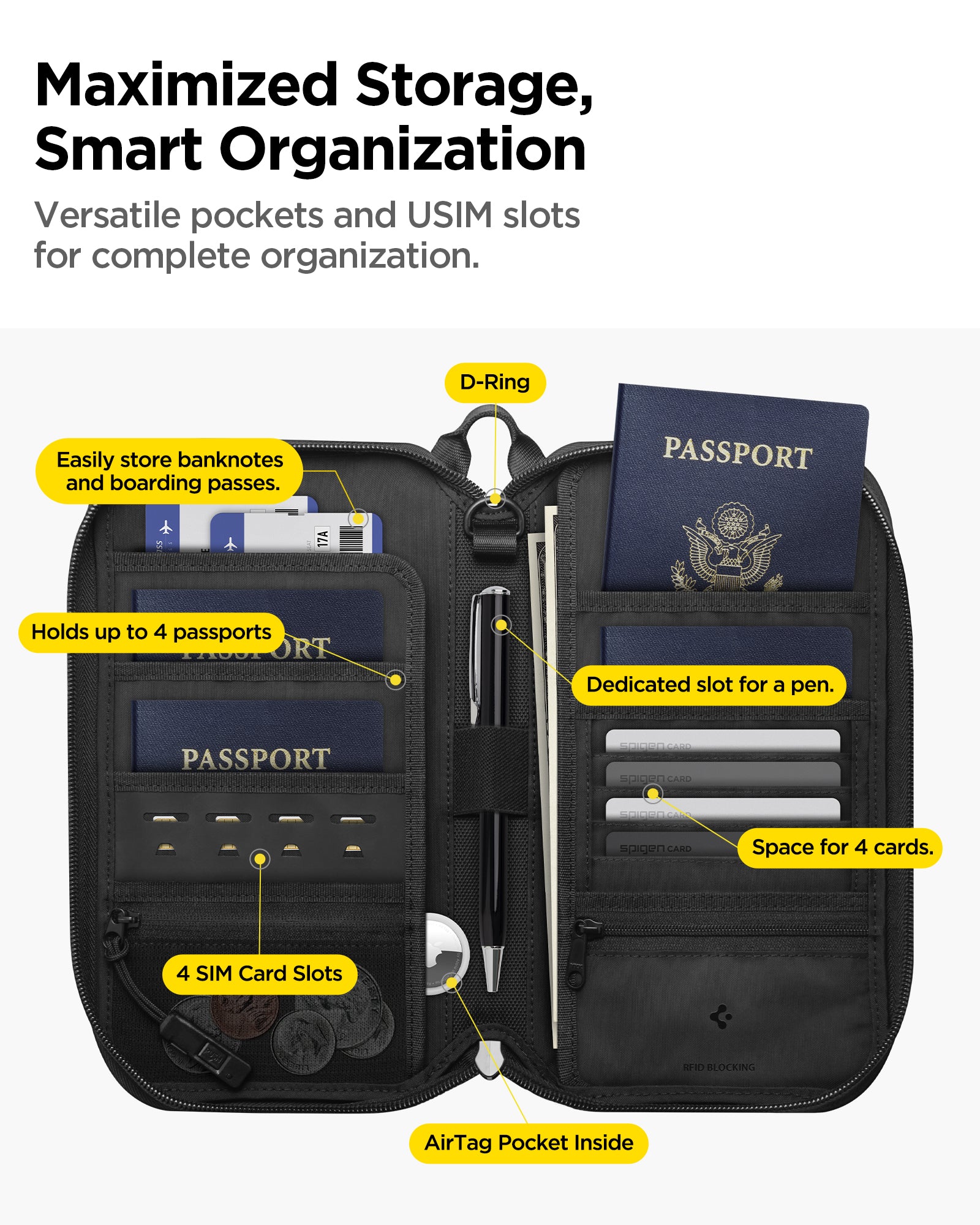 AFA07574 - Klasden Passport Organizer KD500 in Black showing maximized storage, smart organization, versatile pockets and USIM slots for complete organization.  Store banknotes and boarding passes, hold upto 4 passports, 4 SIM card slots, D-Ring, Dedicated slot for a pen, space for 4 cards and AirTag pocket inside