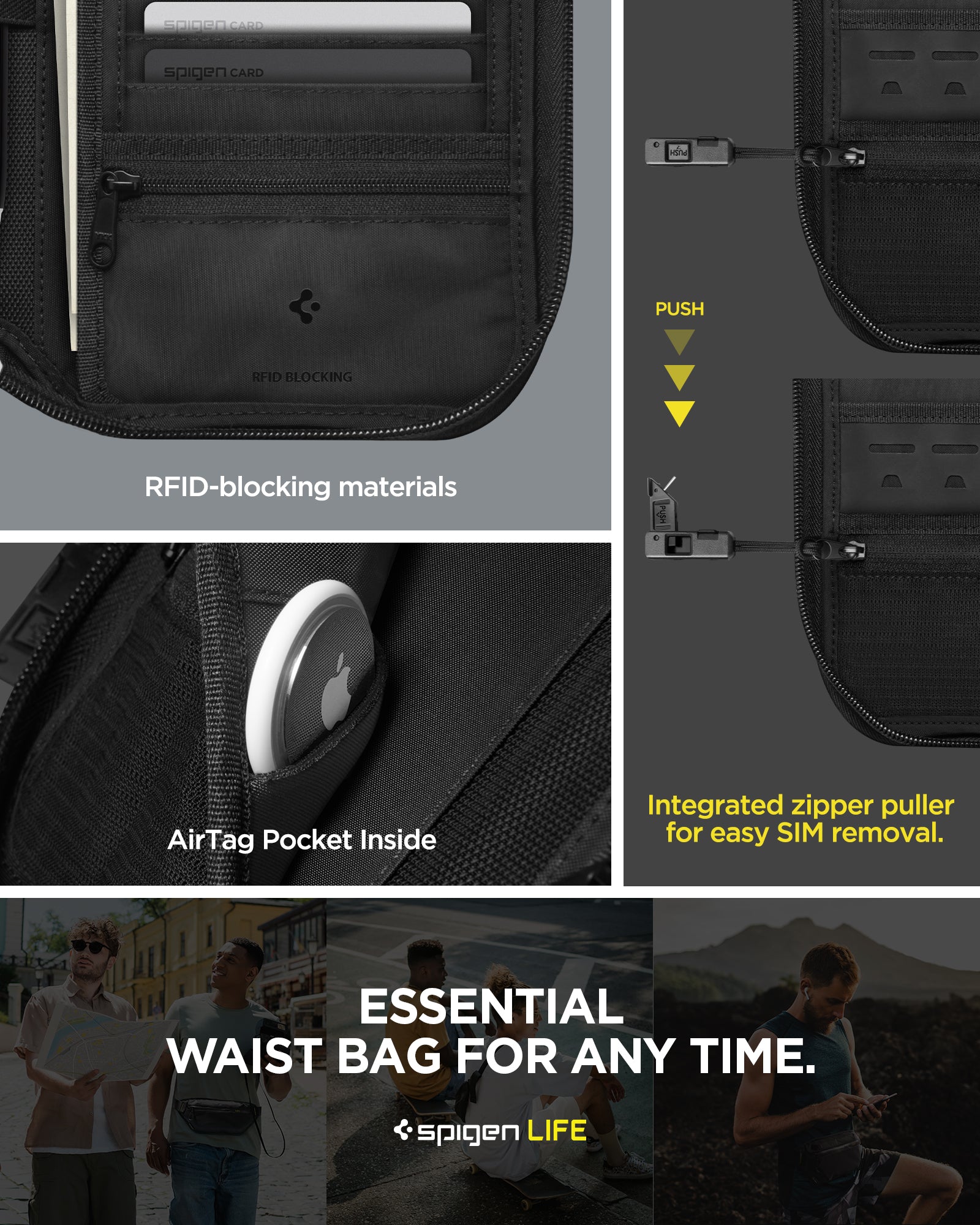 AFA07574 - Klasden Passport Organizer KD500 in Black showing the essential waist bag for any time, RFID-blocking materials, Integrated zipper puller for easy SIM removal