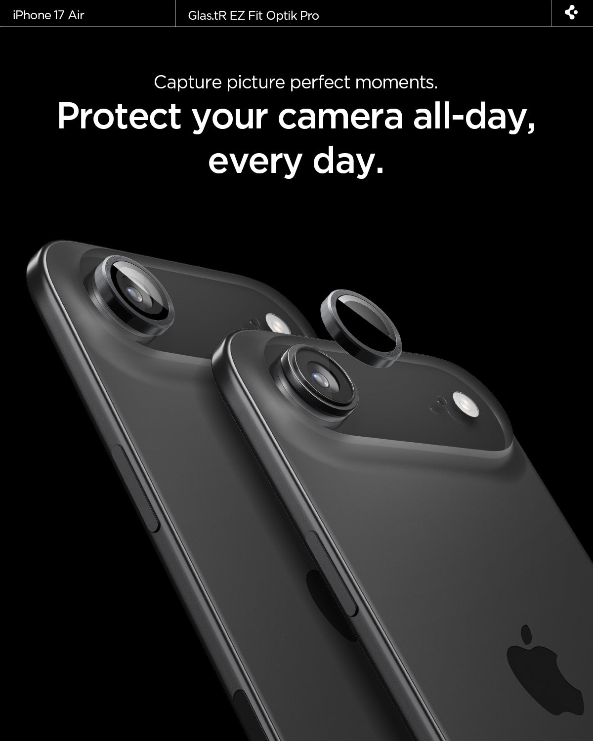AGL09863 - iPhone 17 Air Optik Pro EZ Fit Lens Protector showing the high aluminosilicate. Tempered glass protects your lens.