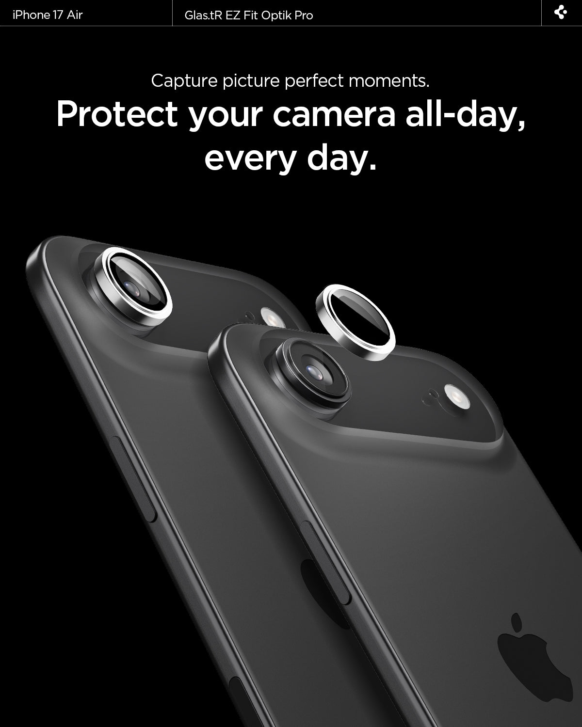 AGL10132 - iPhone 17 Air Optik Pro EZ Fit Lens Protector showing the high aluminosilicate. Tempered glass protects your lens.