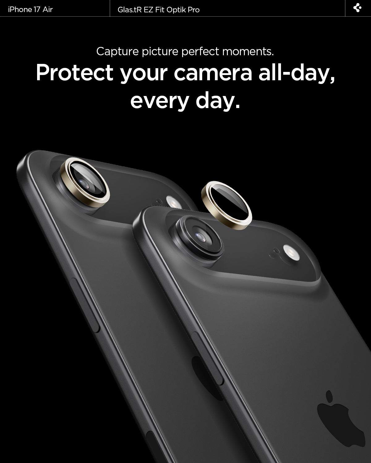 AGL10131 - iPhone 17 Air Optik Pro EZ Fit Lens Protector showing the high aluminosilicate. Tempered glass protects your lens.