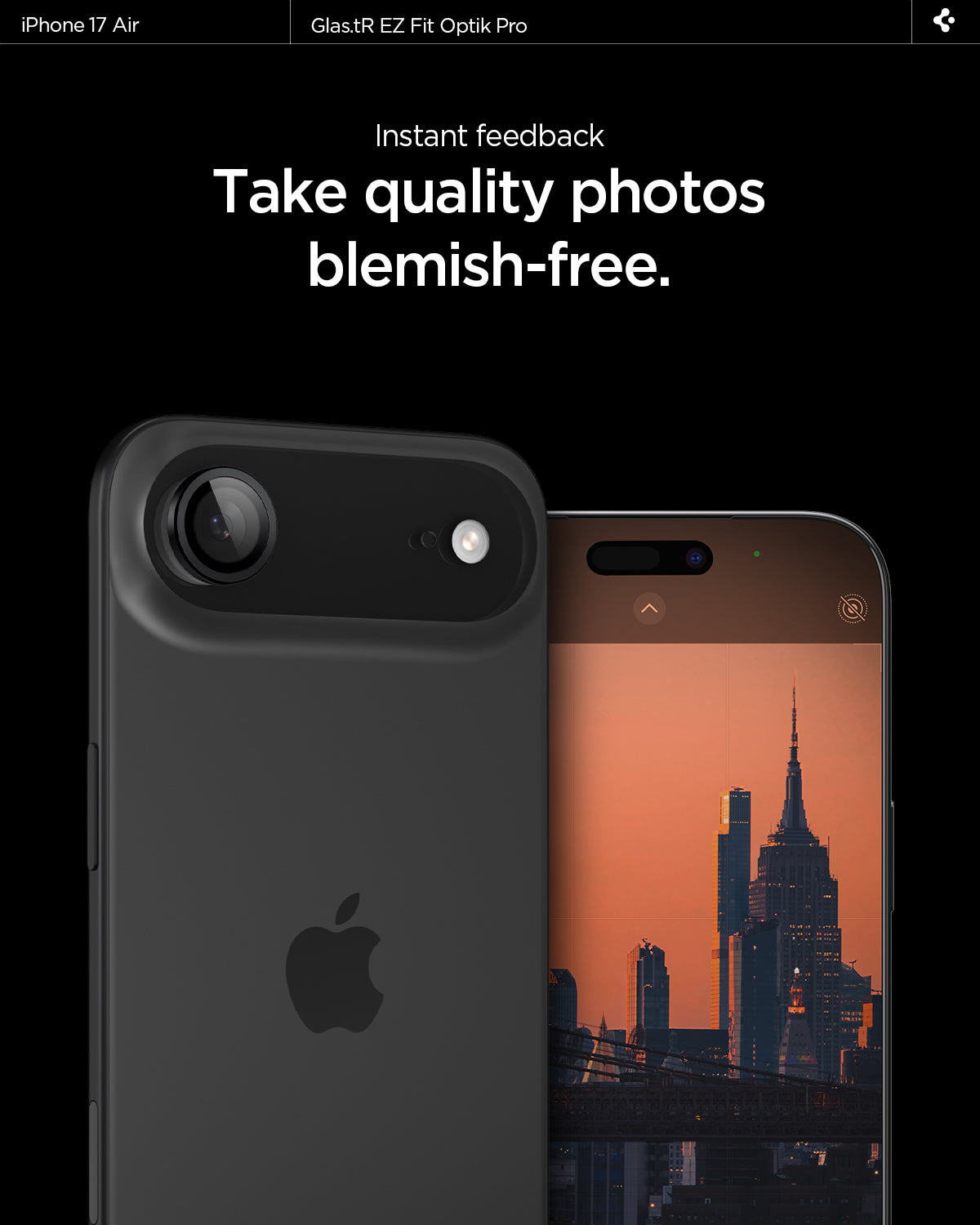 AGL09863 - iPhone 17 Air Optik Pro EZ Fit Lens Protector showing the instant feedback. Take quality photos blemish free