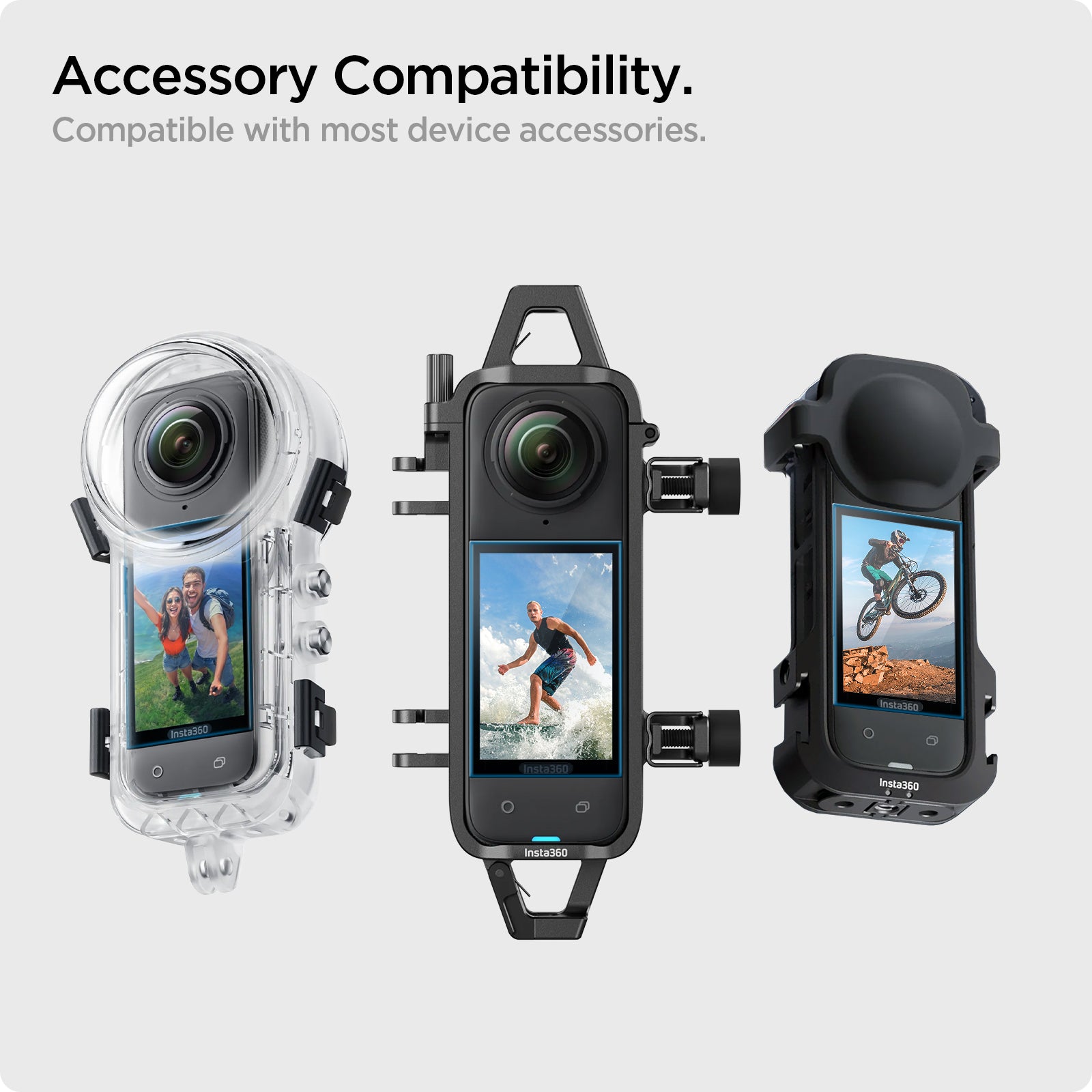 AGL09309 - X4 Insta360 Glas.tR SLIM in Black showing the accessory compatibility. Compatible with most device accessories