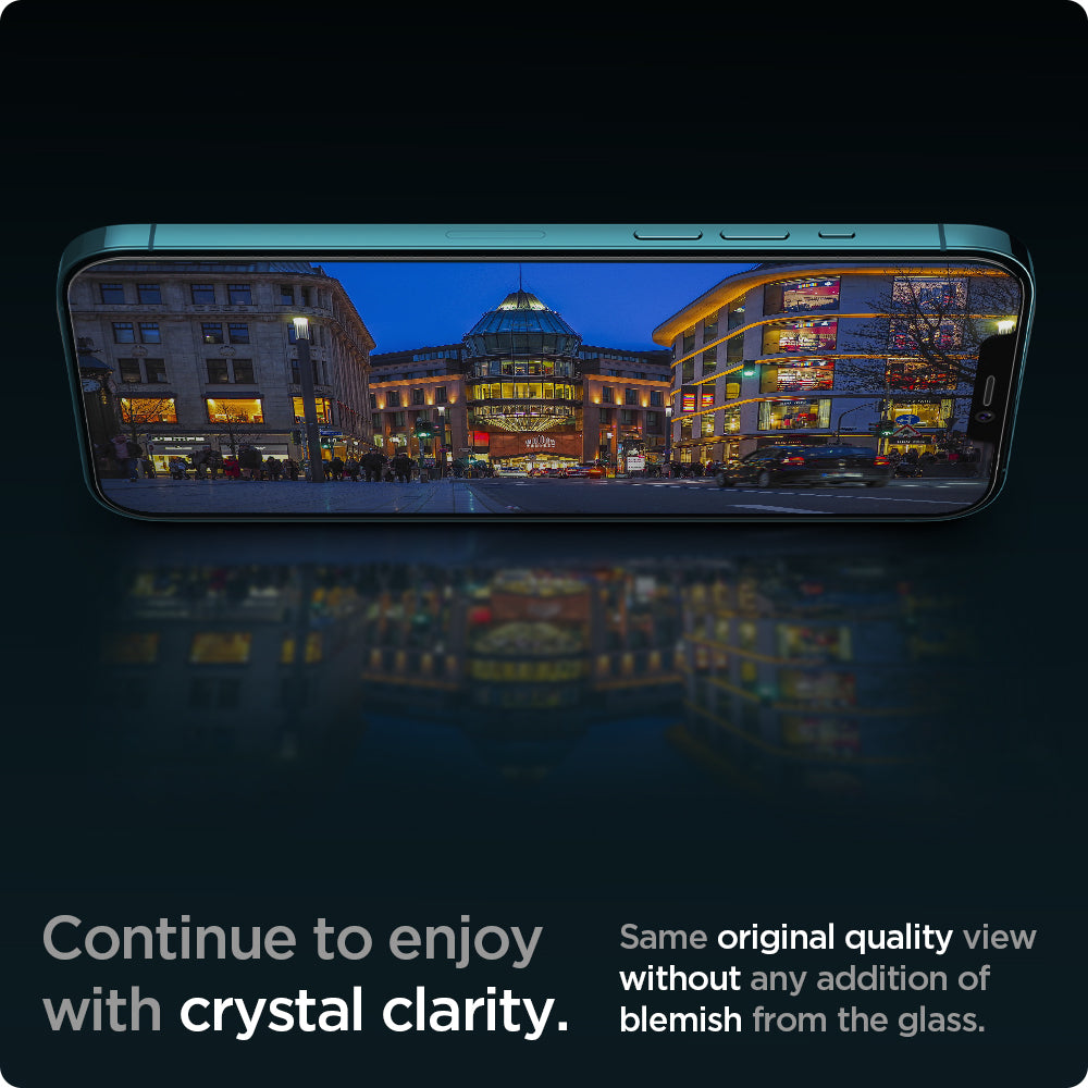 AGL01791 - iPhone 12 Pro Max Screen Protector EZ FIT GLAS.tR SLIM showing the tray, two screen protectors, and device