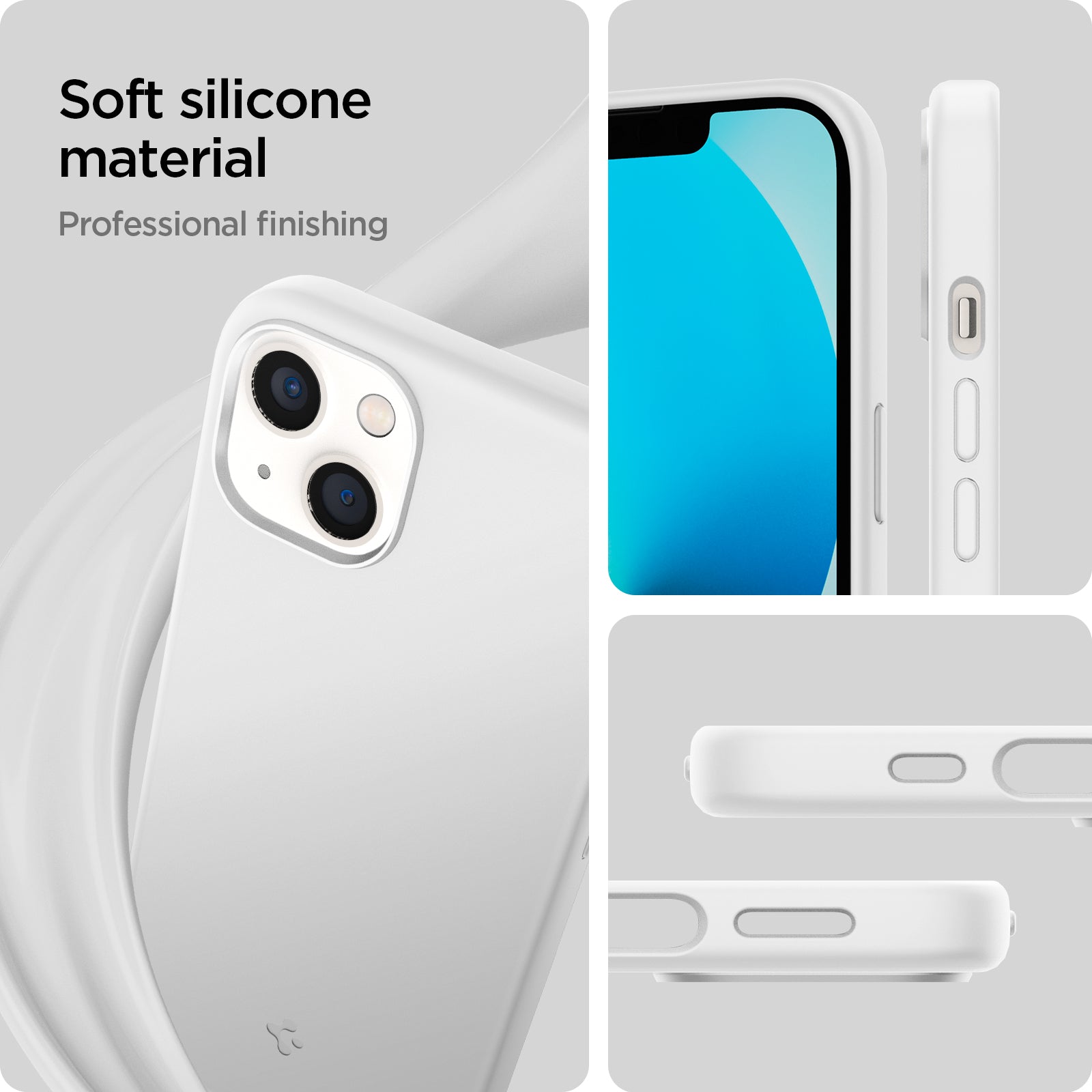 ACS03340 - iPhone 13 Mini Case Silicone Fit in white showing the soft silicone material. Professional finishing
