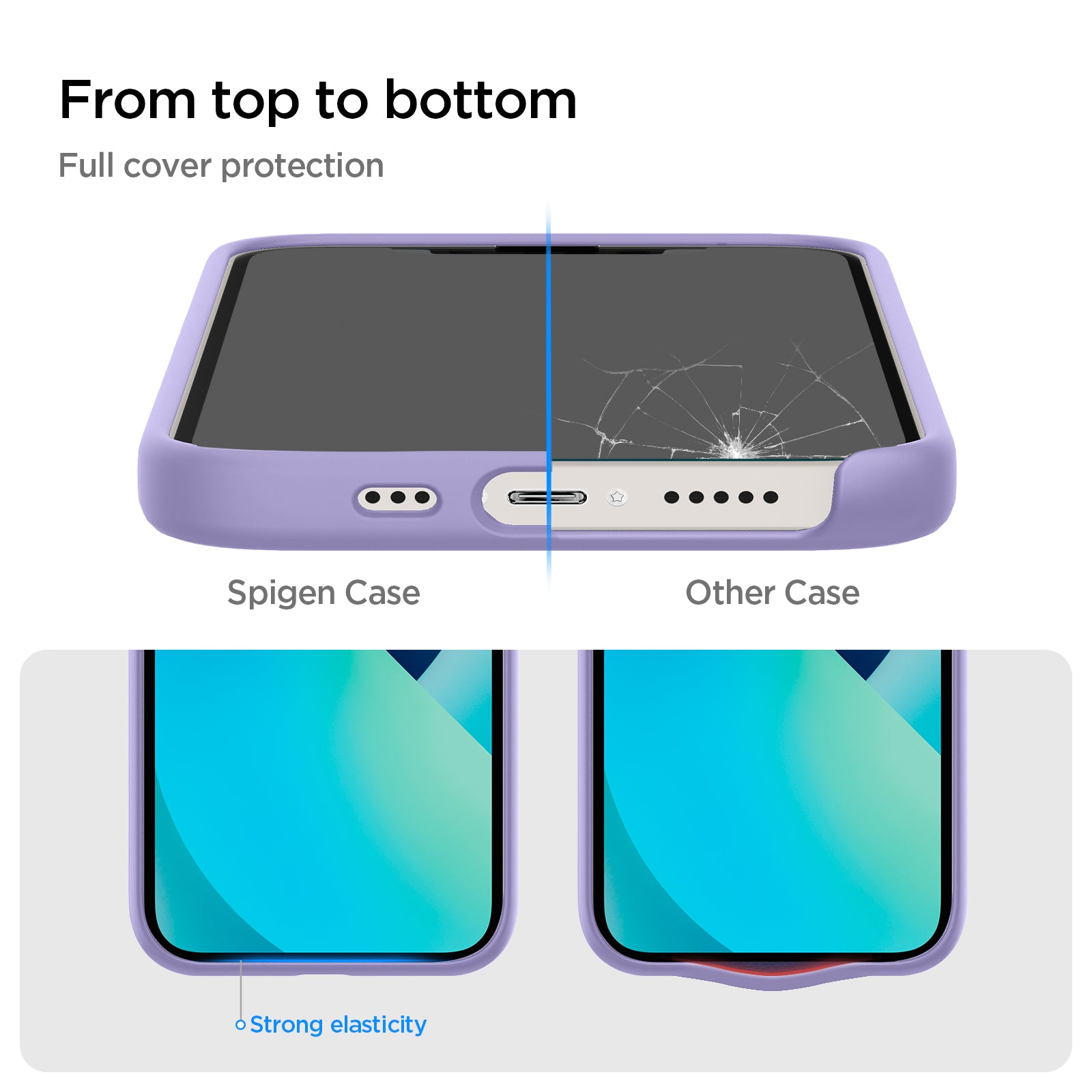 ACS03342 - iPhone 13 Mini Case Silicone Fit in iris purple showing the full cover protection from top to bottom. Strong elasticity