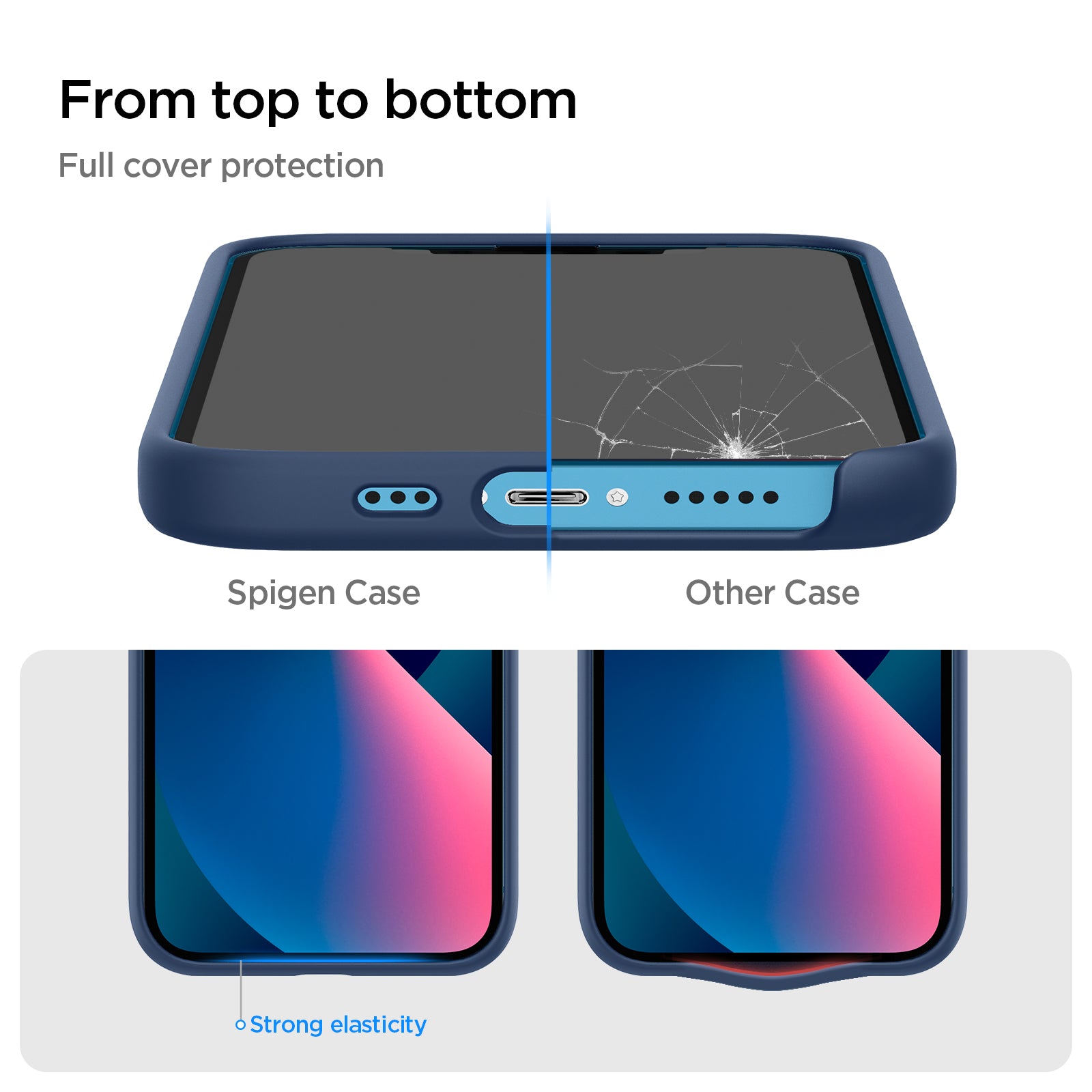 ACS03341 - iPhone 13 Mini Case Silicone Fit in navy blue showing the full cover protection from top to bottom. Strong elasticity