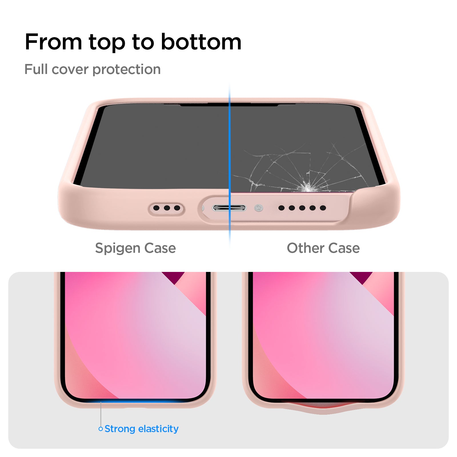 ACS03898 - iPhone 13 Case Silicone Fit in pink showing the full cover protection from top to bottom. Strong elasticity