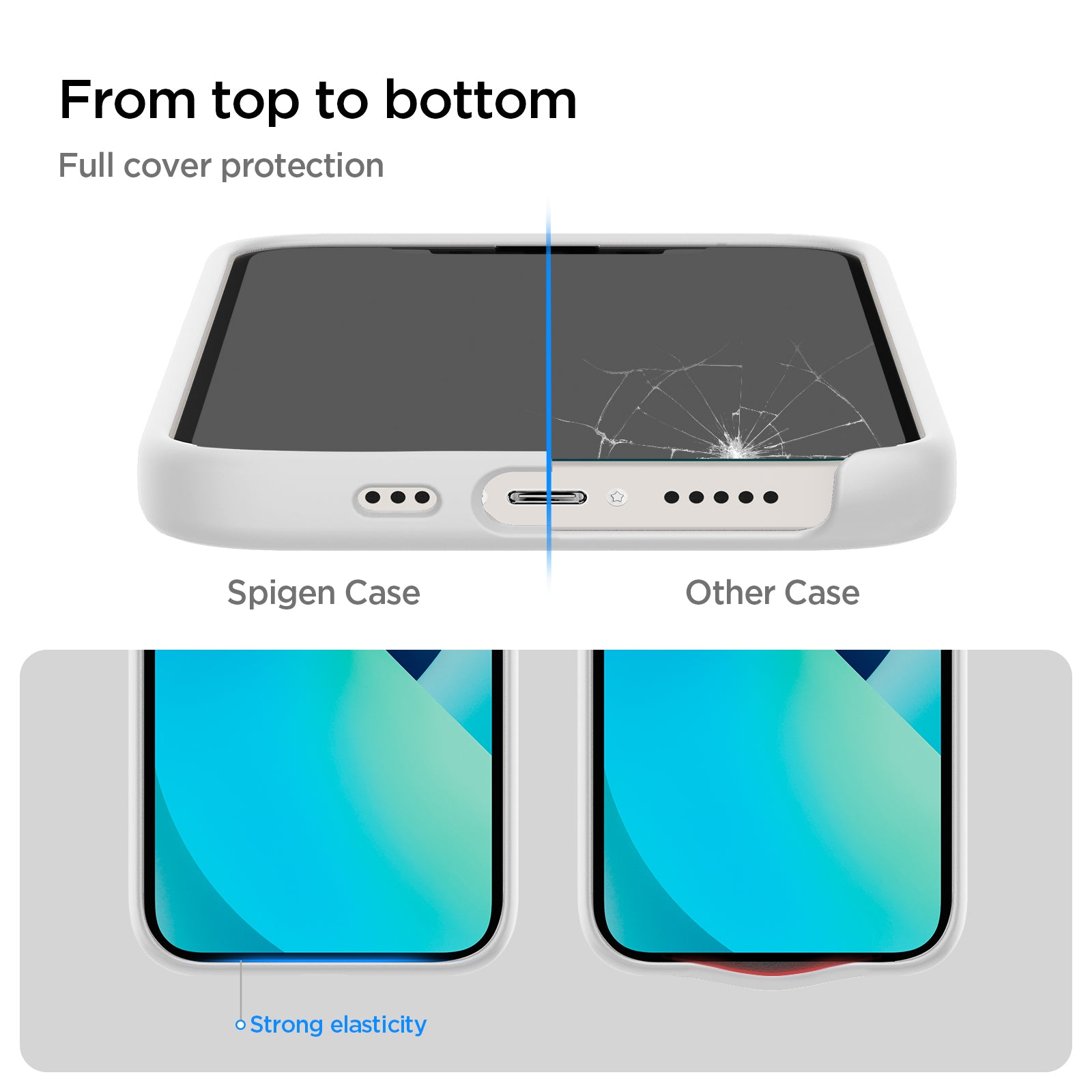 ACS03340 - iPhone 13 Mini Case Silicone Fit in white showing the full cover protection from top to bottom. Strong elasticity